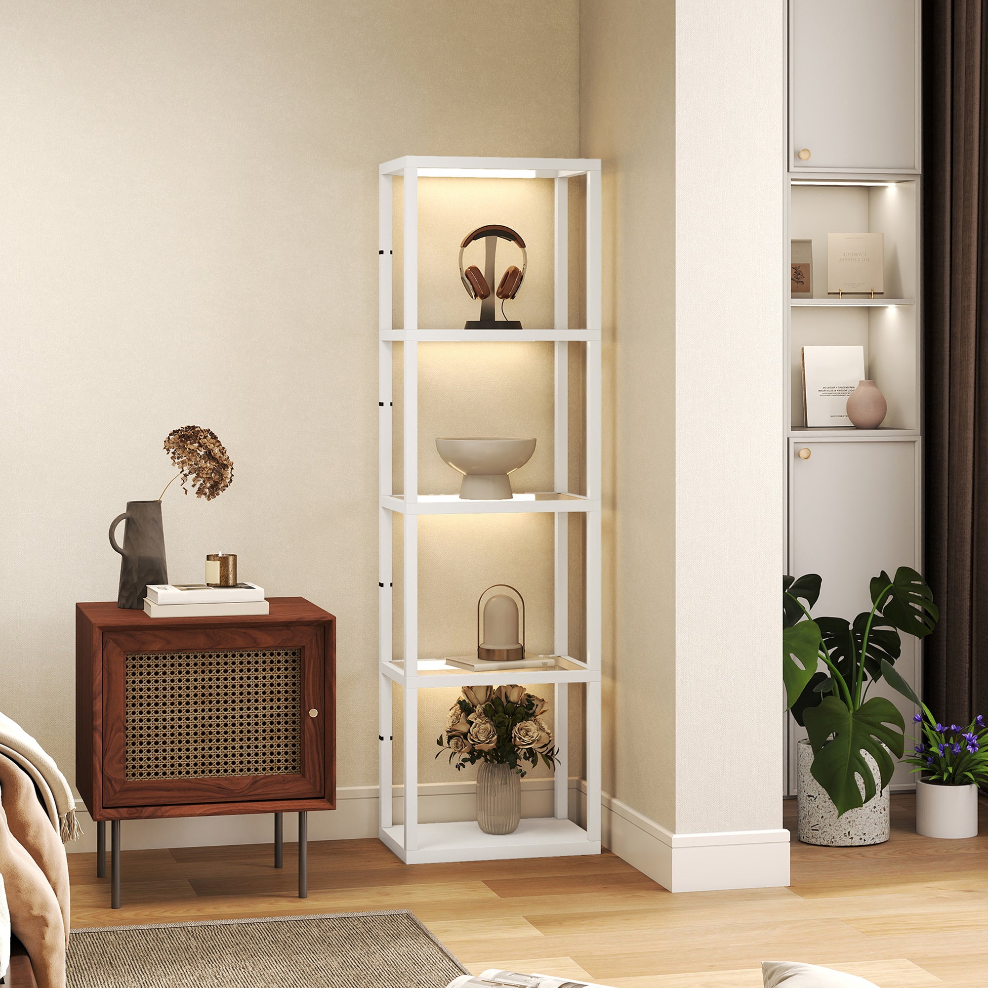HOMCOM LED Floor Lamp with Glass Shelves, 4 Layers Dimmable Tall Standing Lamp, Modern Column Shelf Floor Light for Living Room, Bedroom, Office, White