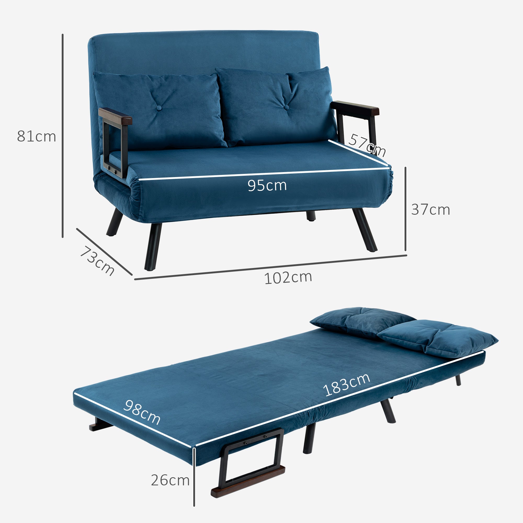 HOMCOM 4-in-1 Velvet-Feel Double Sofa Bed, with Pillows - Blue - North Peak Garden Furniture