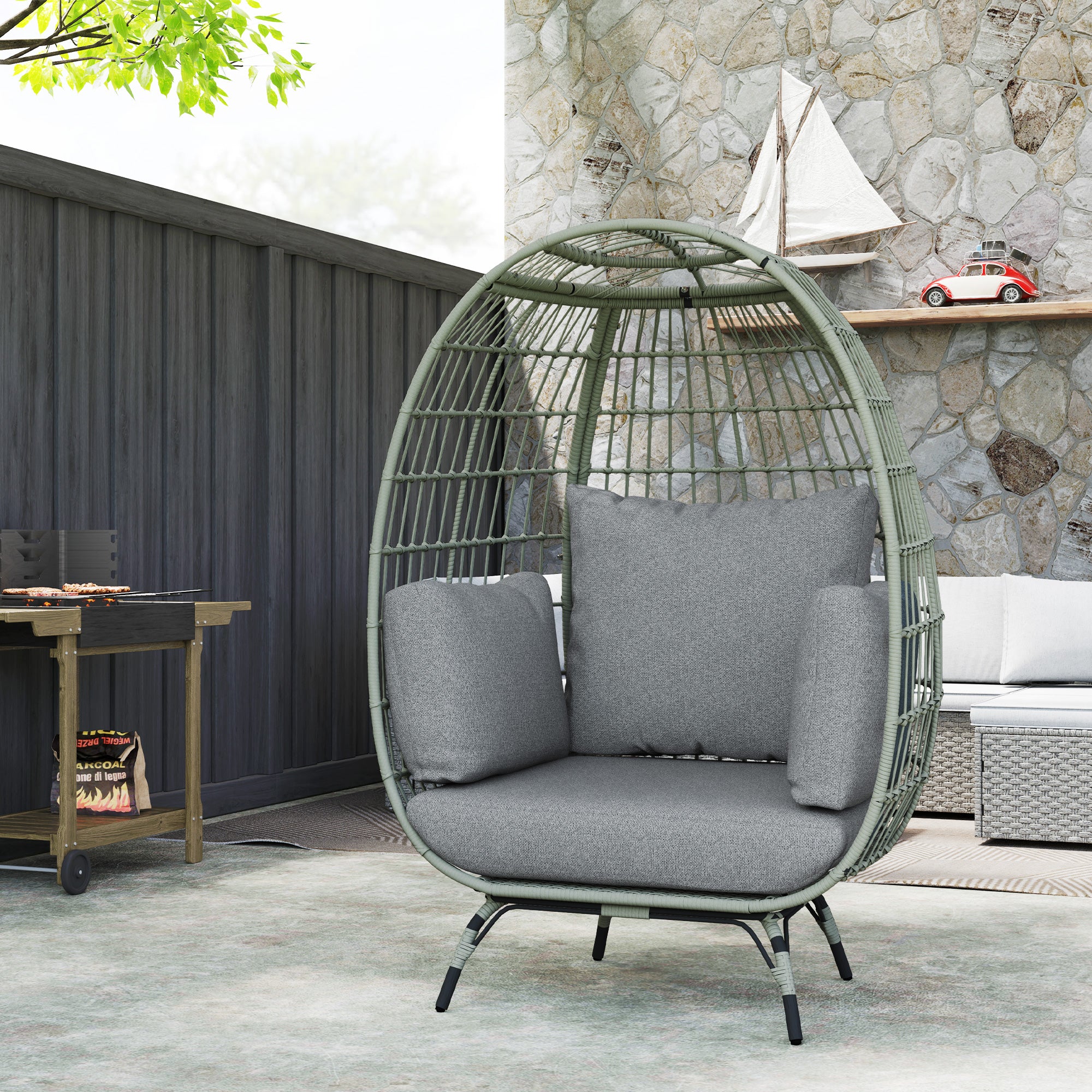 Outsunny Rattan Egg Chair with Cushions and Pillows, Charcoal Grey - North Peak Garden Furniture