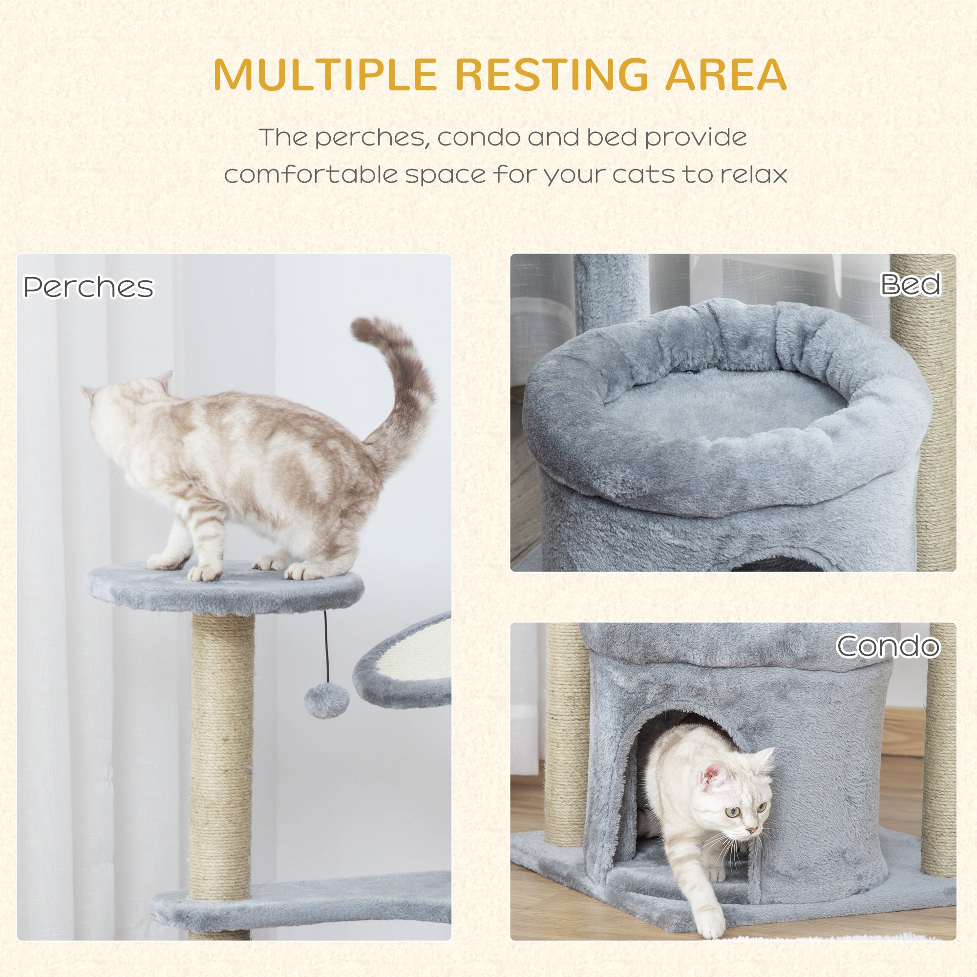 PawHut 87 cm Cat Tree for Indoor Cats, Kitten Tree Tower with Scratching Posts Pad, Cat Condo, Plush Perches, Hanging Ball - Grey