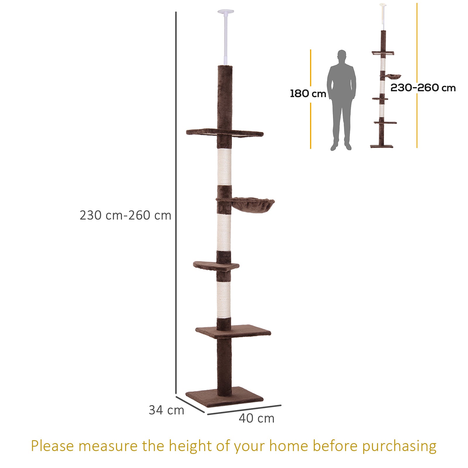 PawHut Floor to Ceiling Cat Tree for Indoor Cats 5-Tier Kitty Tower Climbing Activity Center Scratching Post Adjustable Height 230-260 cm Brown - North Peak Garden Furniture