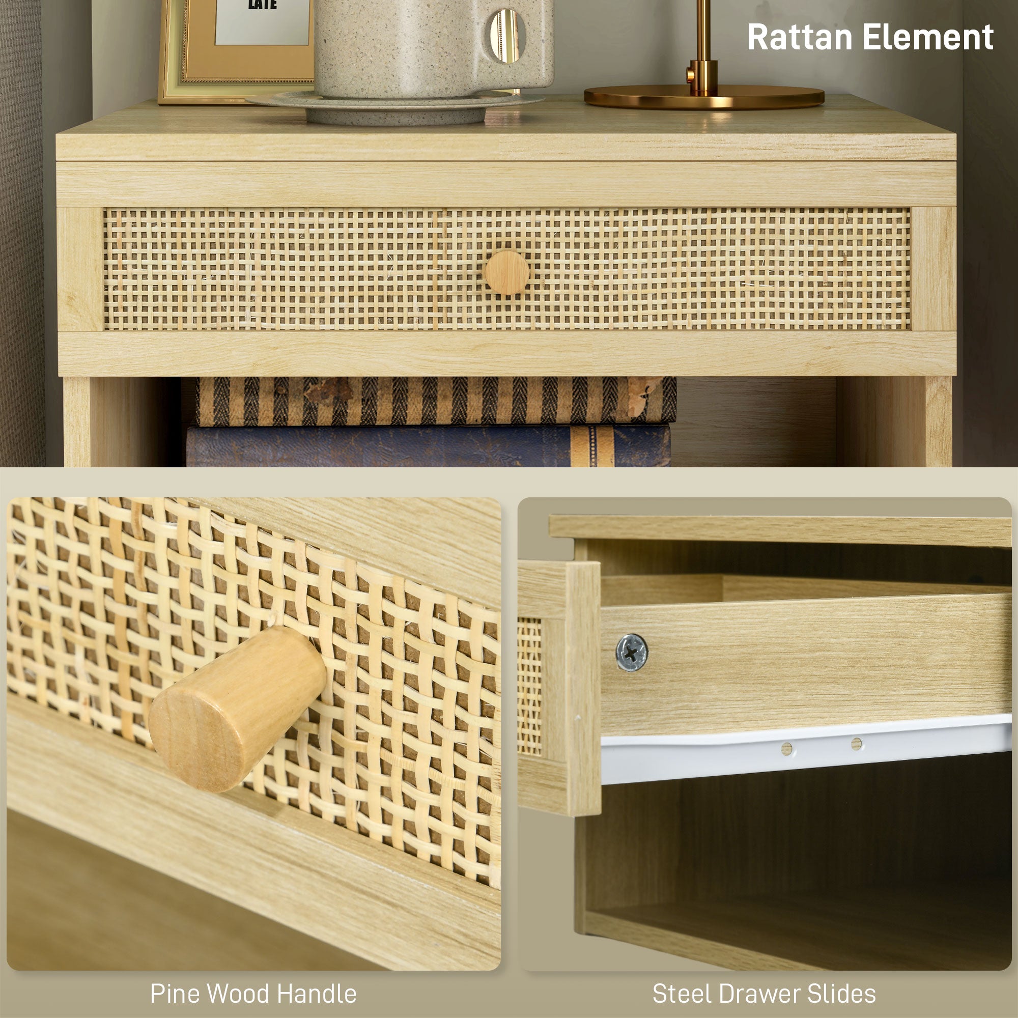 HOMCOM Set of Two Rattan Panel Floating Bedside Tables - Wood-Effect - North Peak Garden Furniture