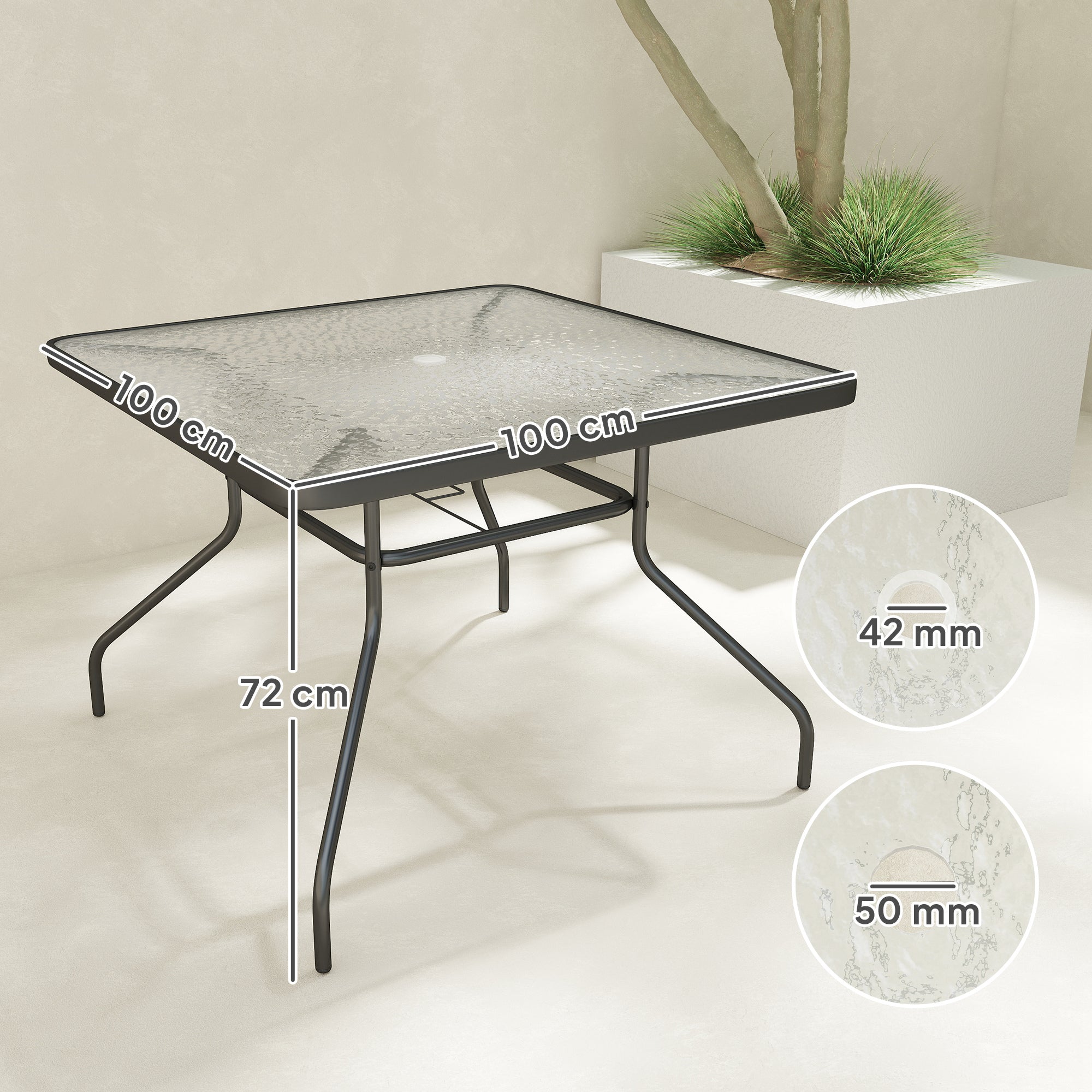 Outsunny Square Garden Dining Table with Tempered Glass Top & Umbrella Hole, 100 x 100 cm - North Peak Garden Furniture