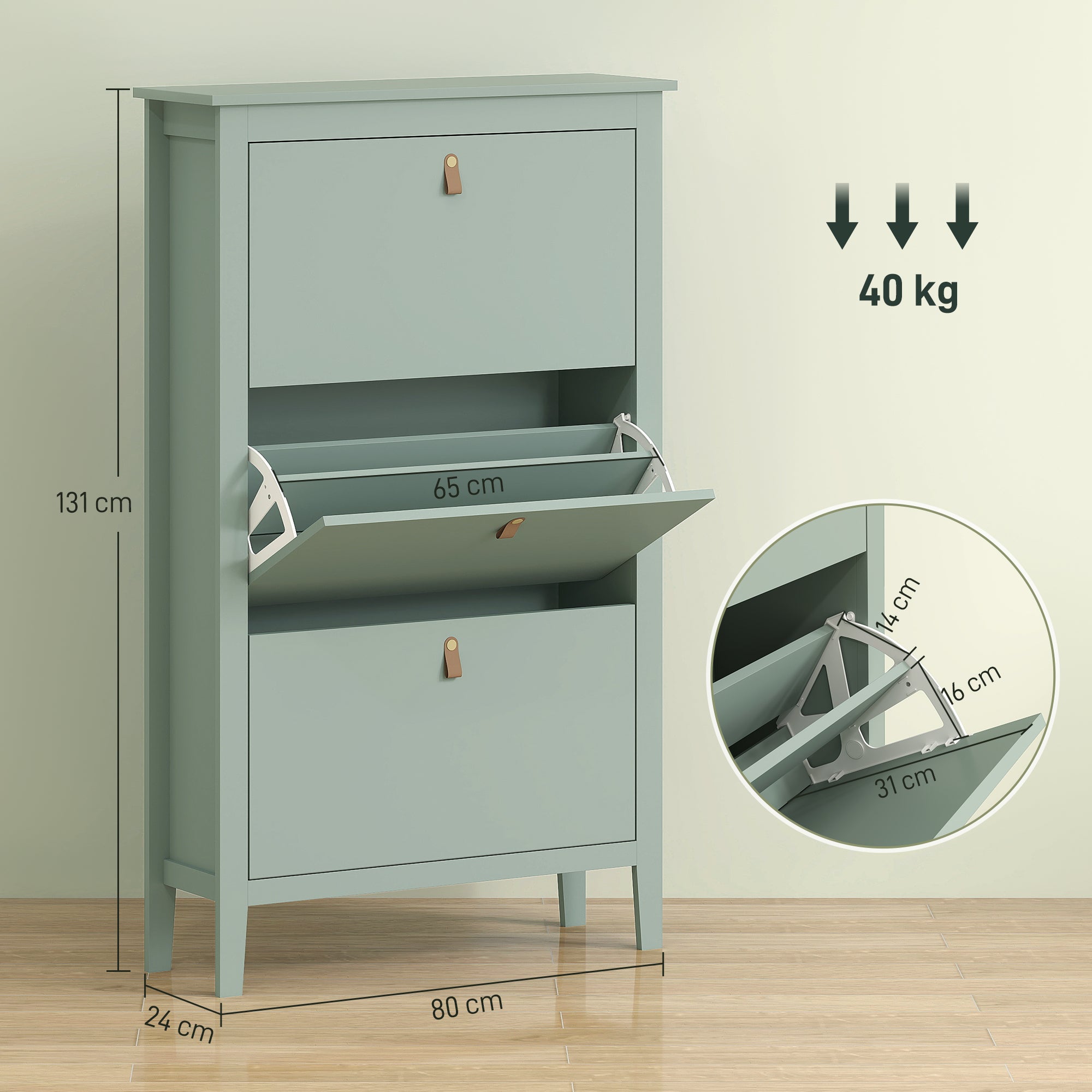 HOMCOM Modern Three-Drawer Shoe Cabinet - Green - North Peak Garden Furniture