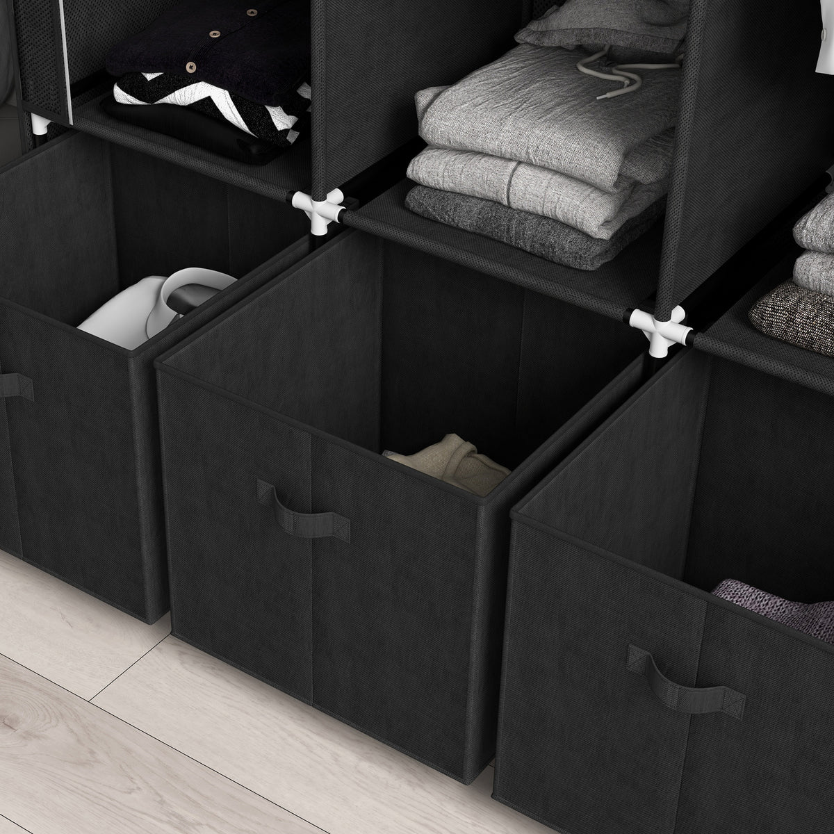 HOMCOM Foldable Fabric Wardrobe for Bedroom, Portable Wardrobe with 5 Shelves, 2 Hanging Rails and 3 Fabric Drawers, Black