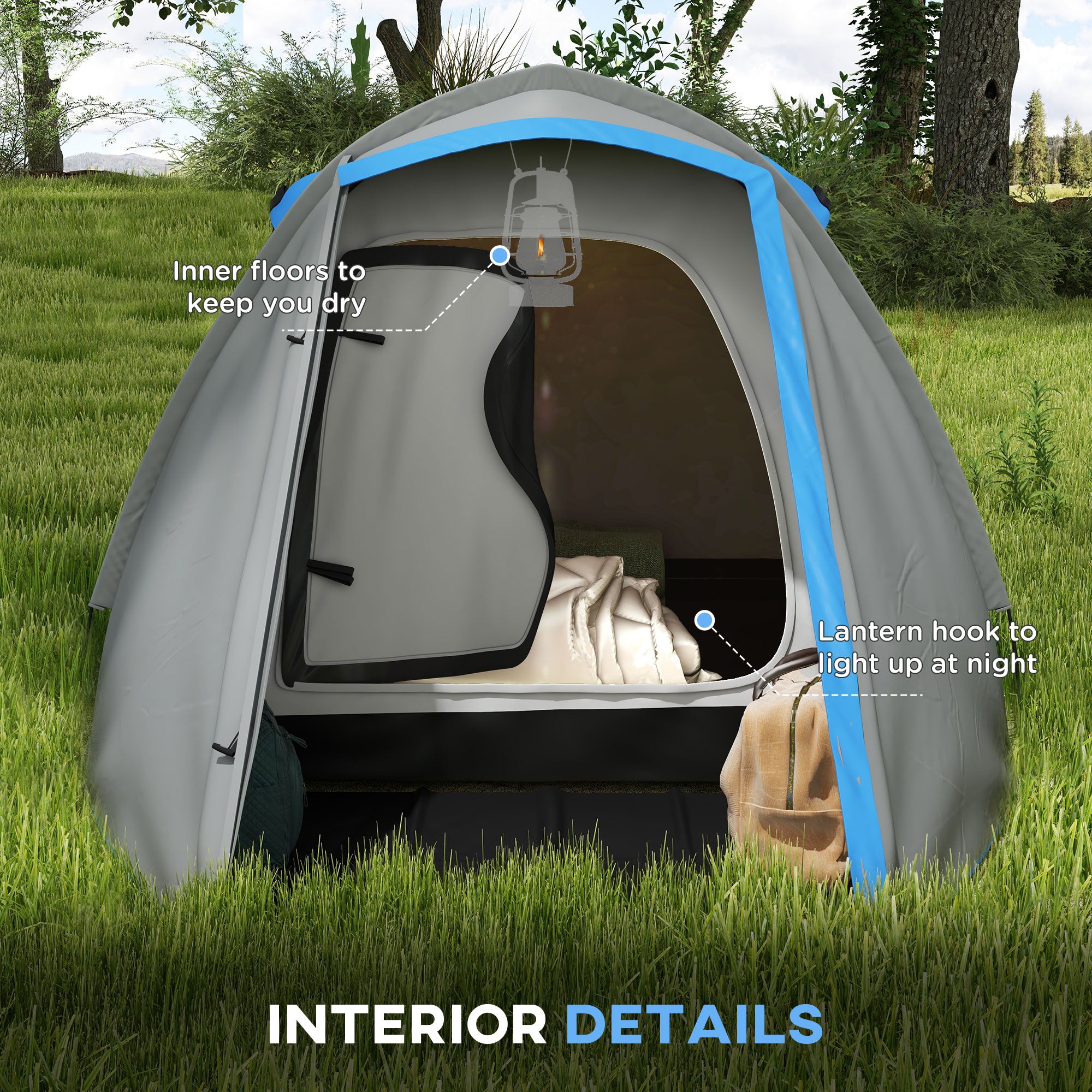 Outsunny Two-Man Dome Tent, with Front Porch and Accessories - Blue/Grey - North Peak Garden Furniture