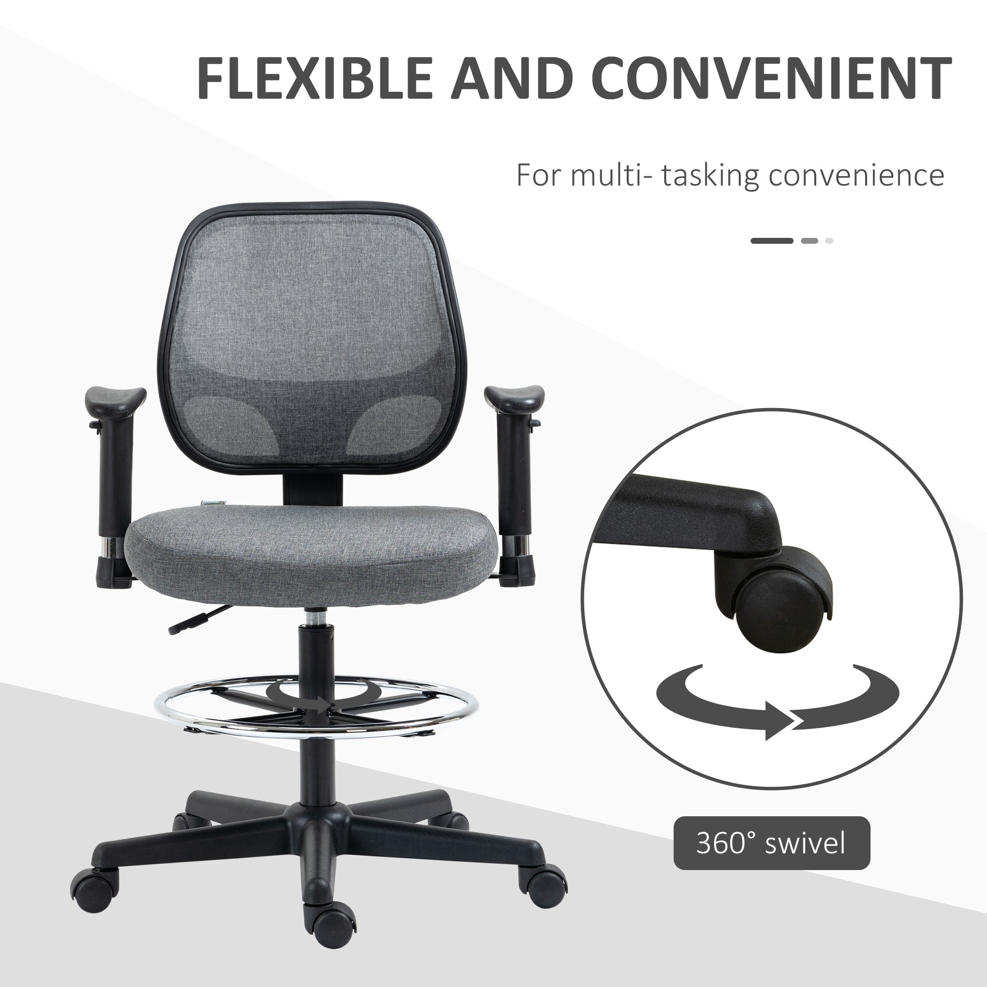 Vinsetto Drafting Chair, Fabric Office Chair, Ergonomic Painting Chair with Height Armrest Adjustable and Foot Ring, 360° Swivel Stool Chair for Standing Desk, Grey - North Peak Garden Furniture