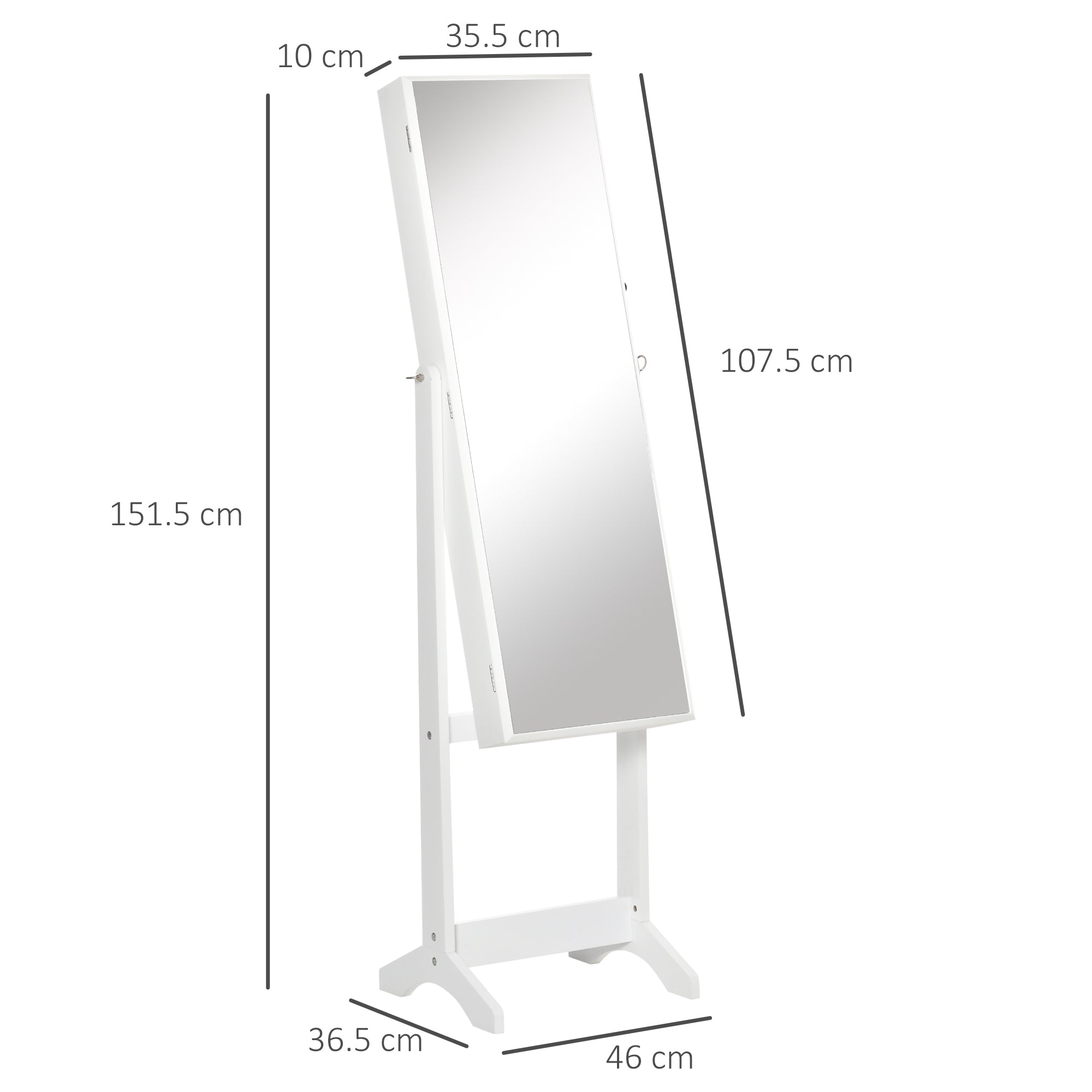 HOMCOM Full Length Mirror with Storage, Jewellery Cabinet with Mirror, Adjustable Angle and Stand, Lockable Jewellery Organiser for Bedroom Dressing Room, White - North Peak Garden Furniture