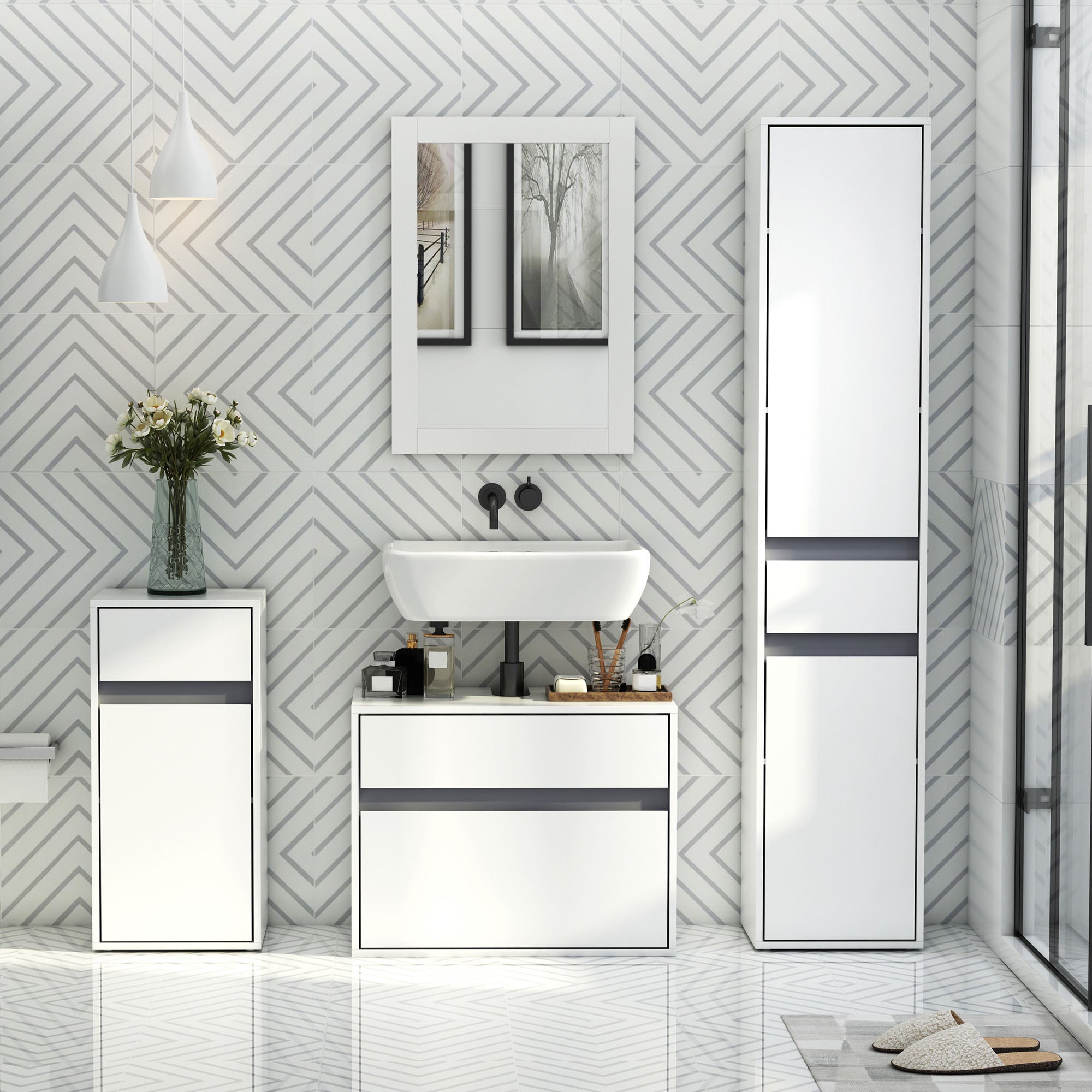 HOMCOM MDF Tri-Compartment Bathroom Storage Cabinet White - North Peak Garden Furniture