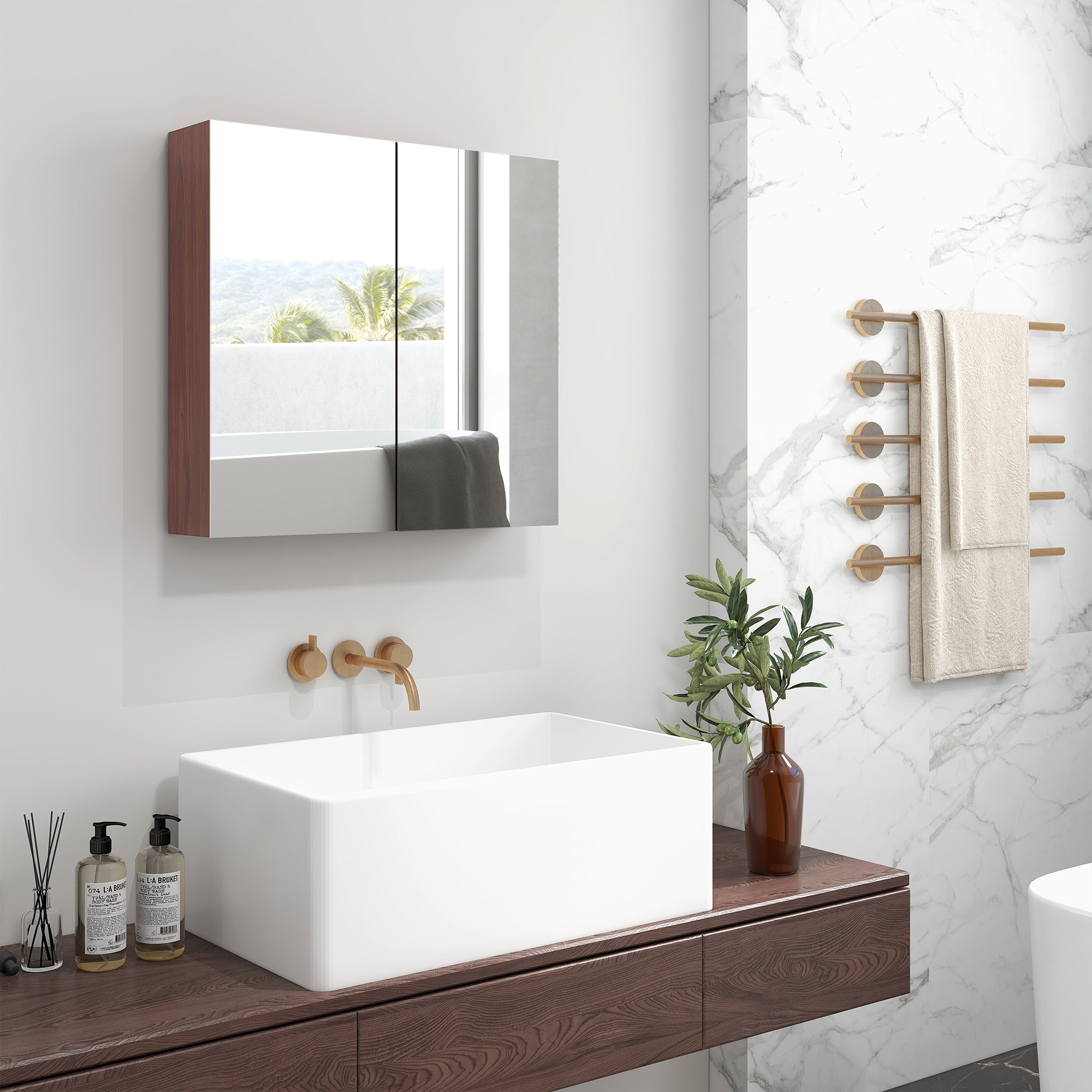 kleankin Double Door Bathroom Mirror Cabinet, Wall Mounted Bathroom Storage Cabinet, Soft Closing, 63L x 60Hcm - North Peak Garden Furniture