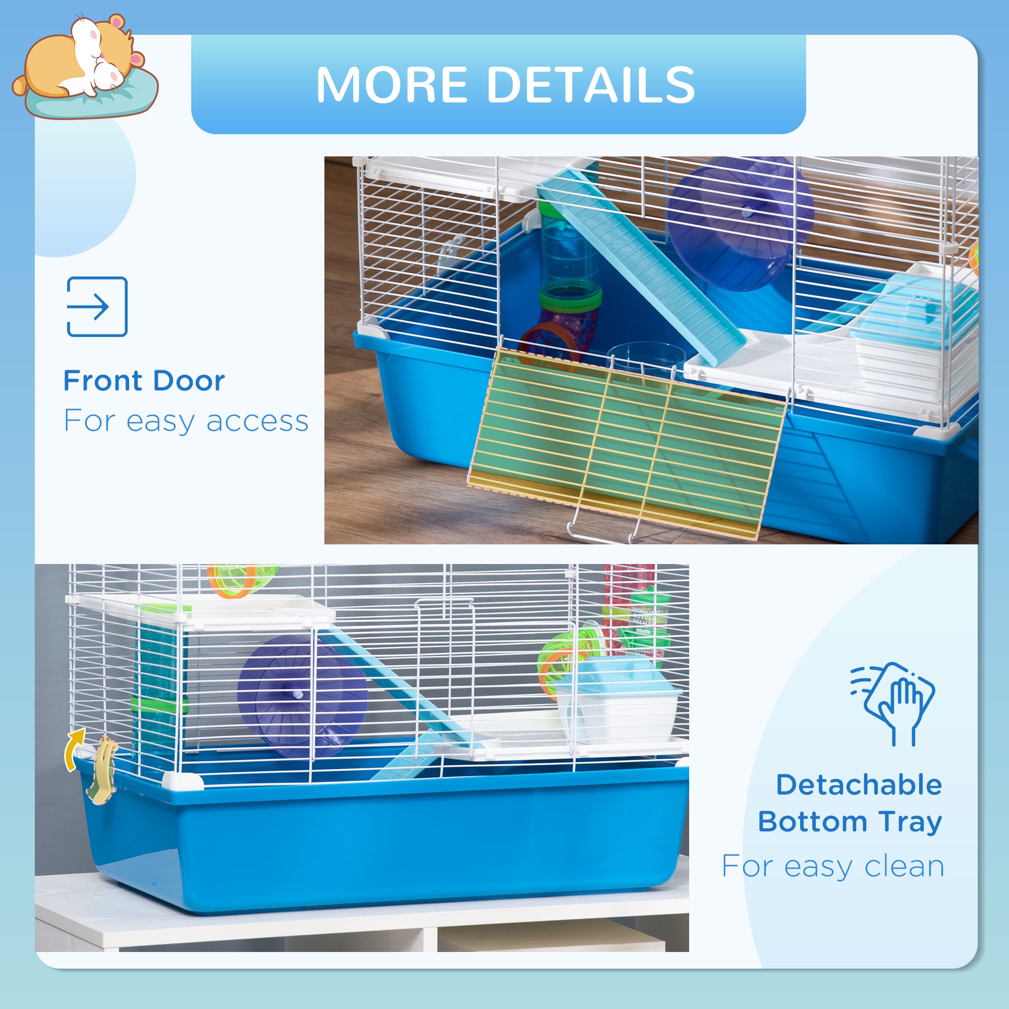 PawHut Hamster Cage with Tubes Tunnel 3 Level Rodent House with Exercise Wheel, Water Bottle, Food Dish, Ramp, Hut 59 x 36 x 47 cm- Blue - North Peak Garden Furniture