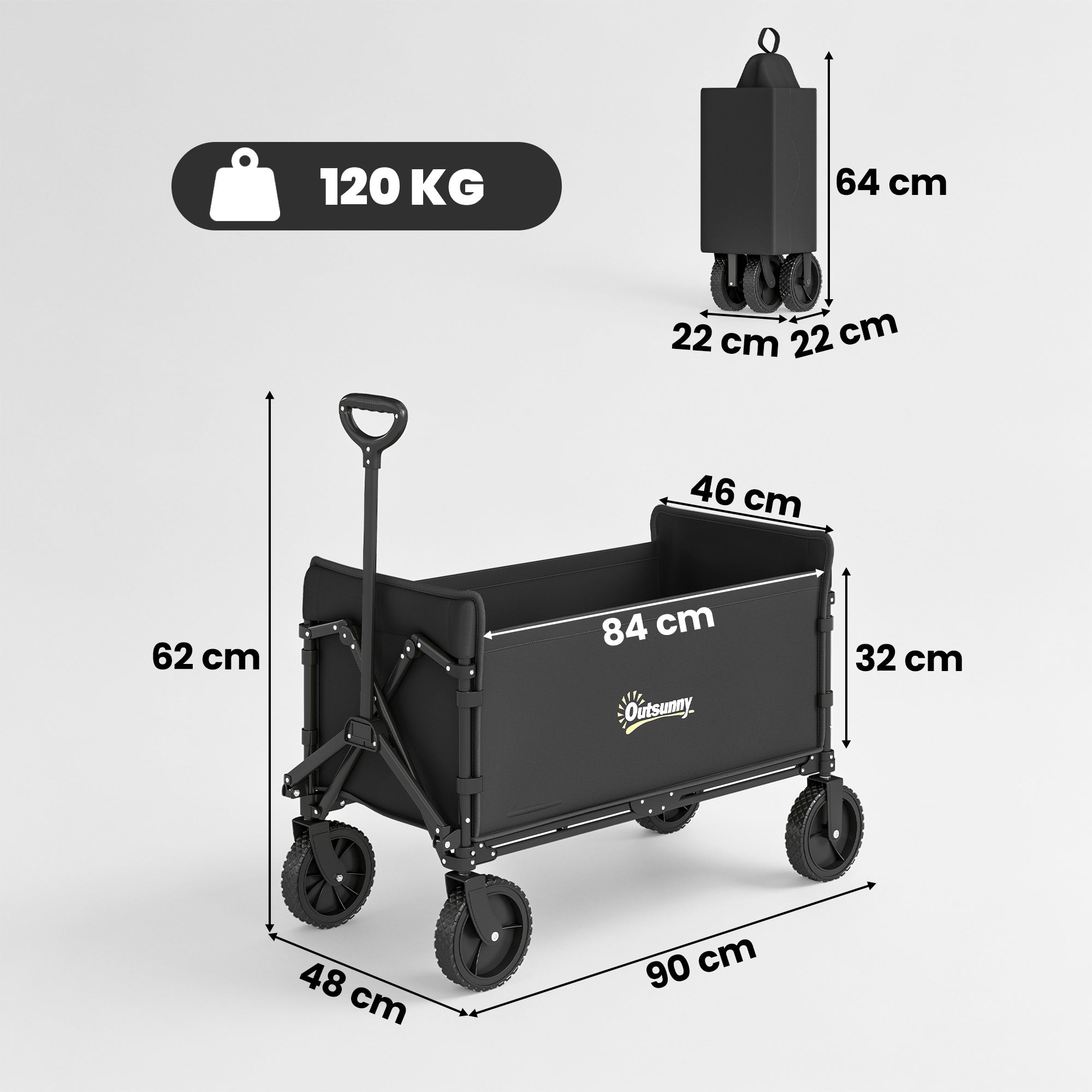 Outsunny 120L Folding Garden Trolley Cart, Outdoor Collapsible Wagon with Wheels and Adjustable Handle for Beach, Camping, Festival, Black