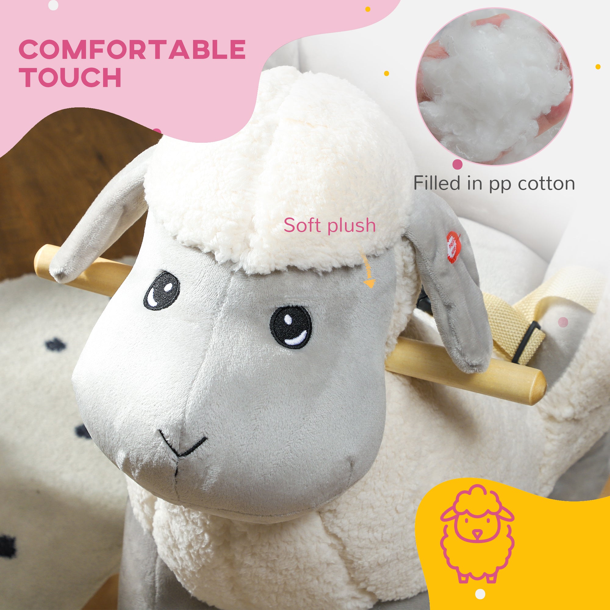 AIYAPLAY Rocking Horse, Ride on Lamb with Safety Belt, Sound, for Ages 1-3 Years, Grey - North Peak Garden Furniture