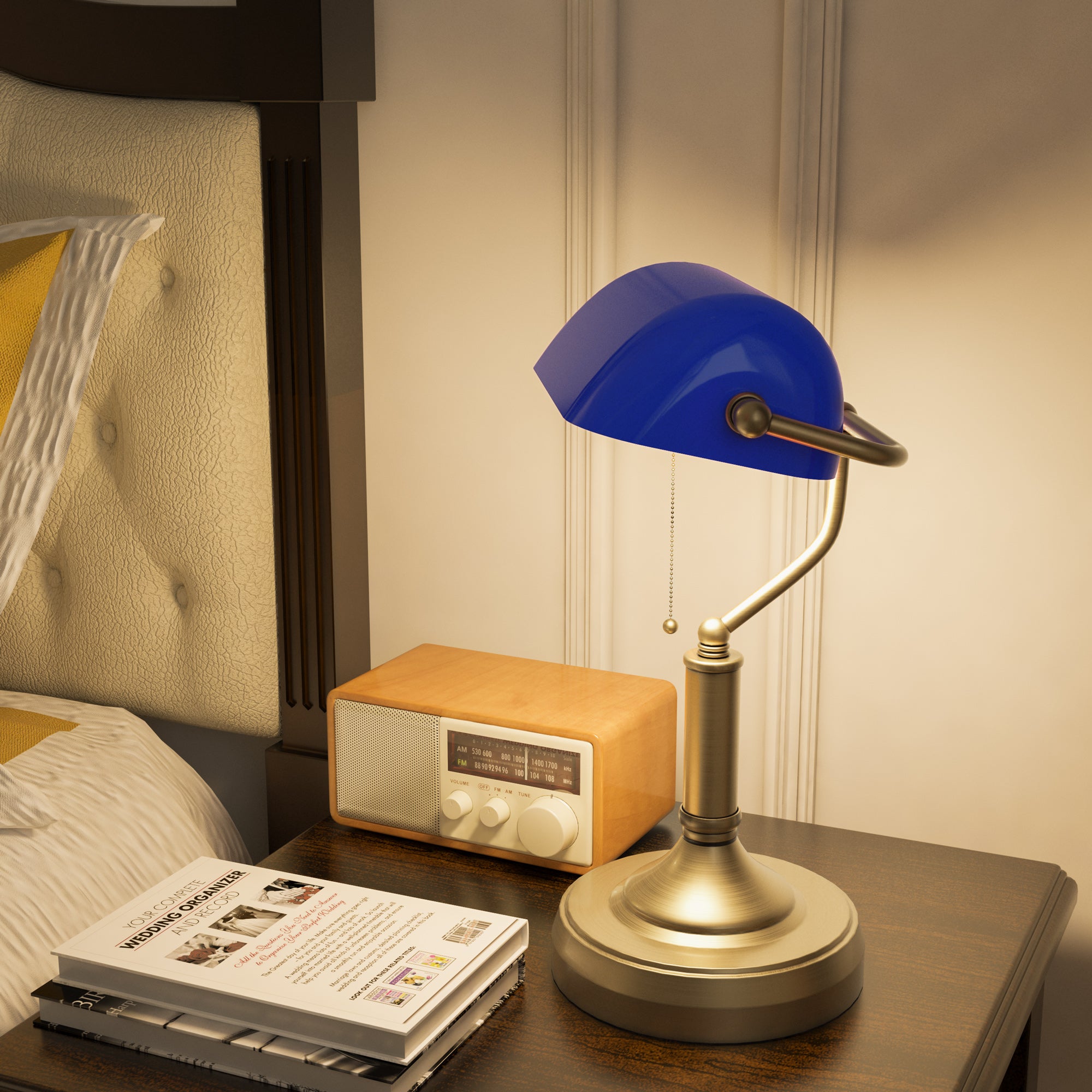HOMCOM Banker's Desk Lamp with Antique Bronze Tone Base, Table Lamp with Blue Glass Shade for Home Office, Blue - North Peak Garden Furniture