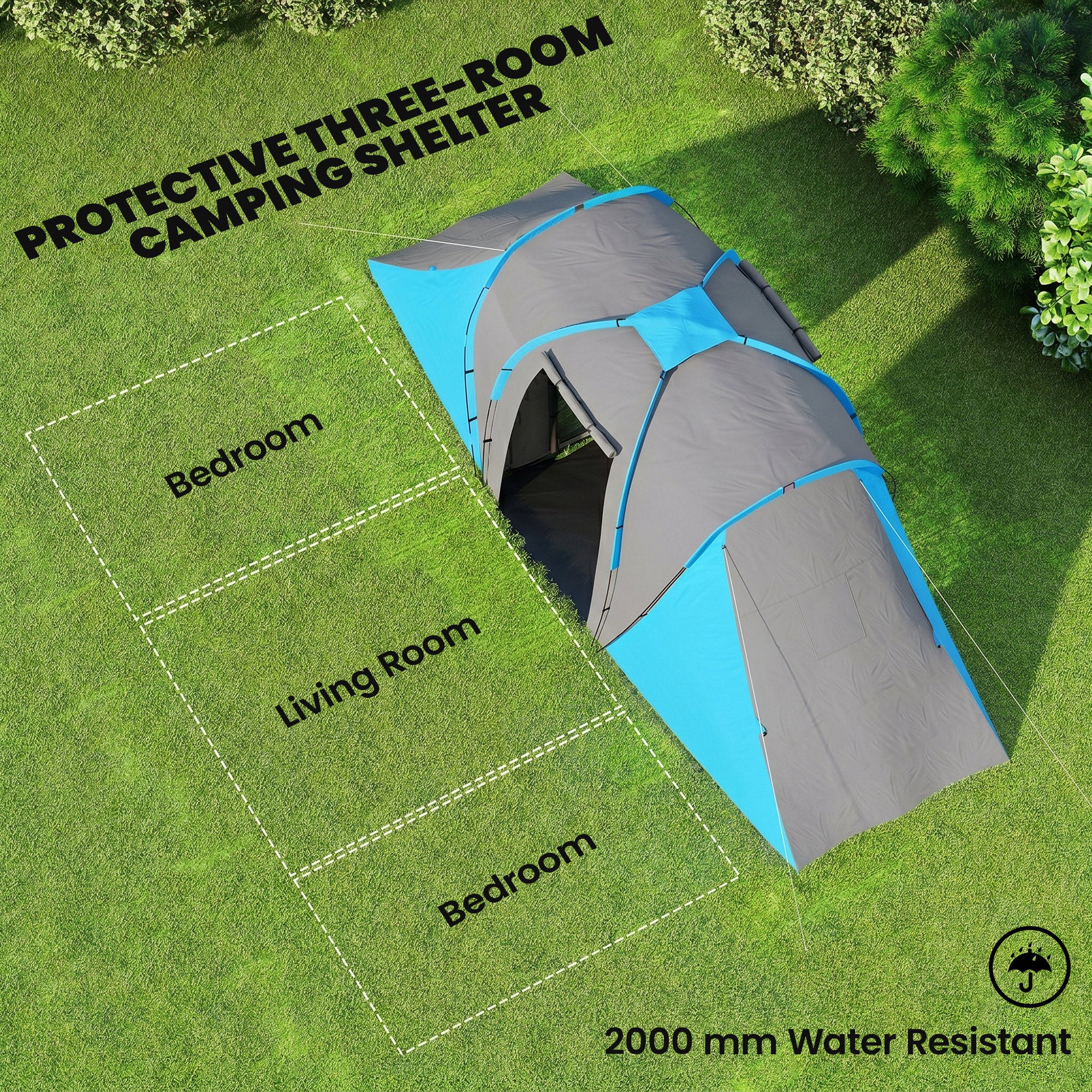 Outsunny Large Camping Tent Tunnel Tent with 2 Bedroom and Living Area, 2000mm Waterproof, Portable with Bag for 4-6 Man, Blue
