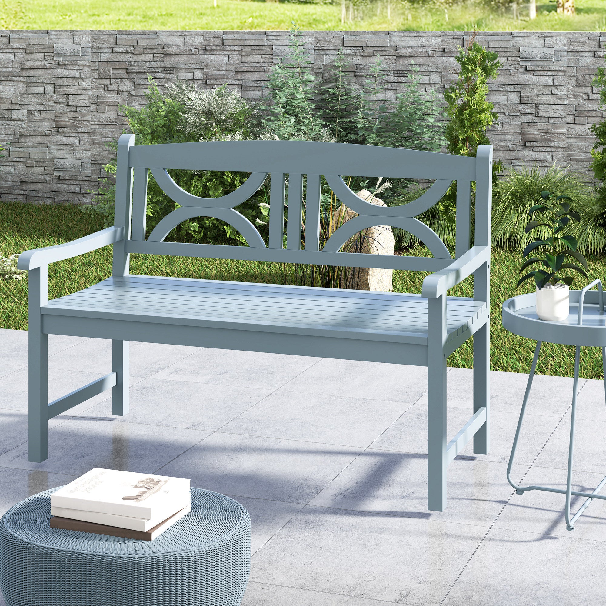 Outsunny 2-Seater Wooden Garden Bench Outdoor Patio Loveseat for Porch, Grey - North Peak Garden Furniture