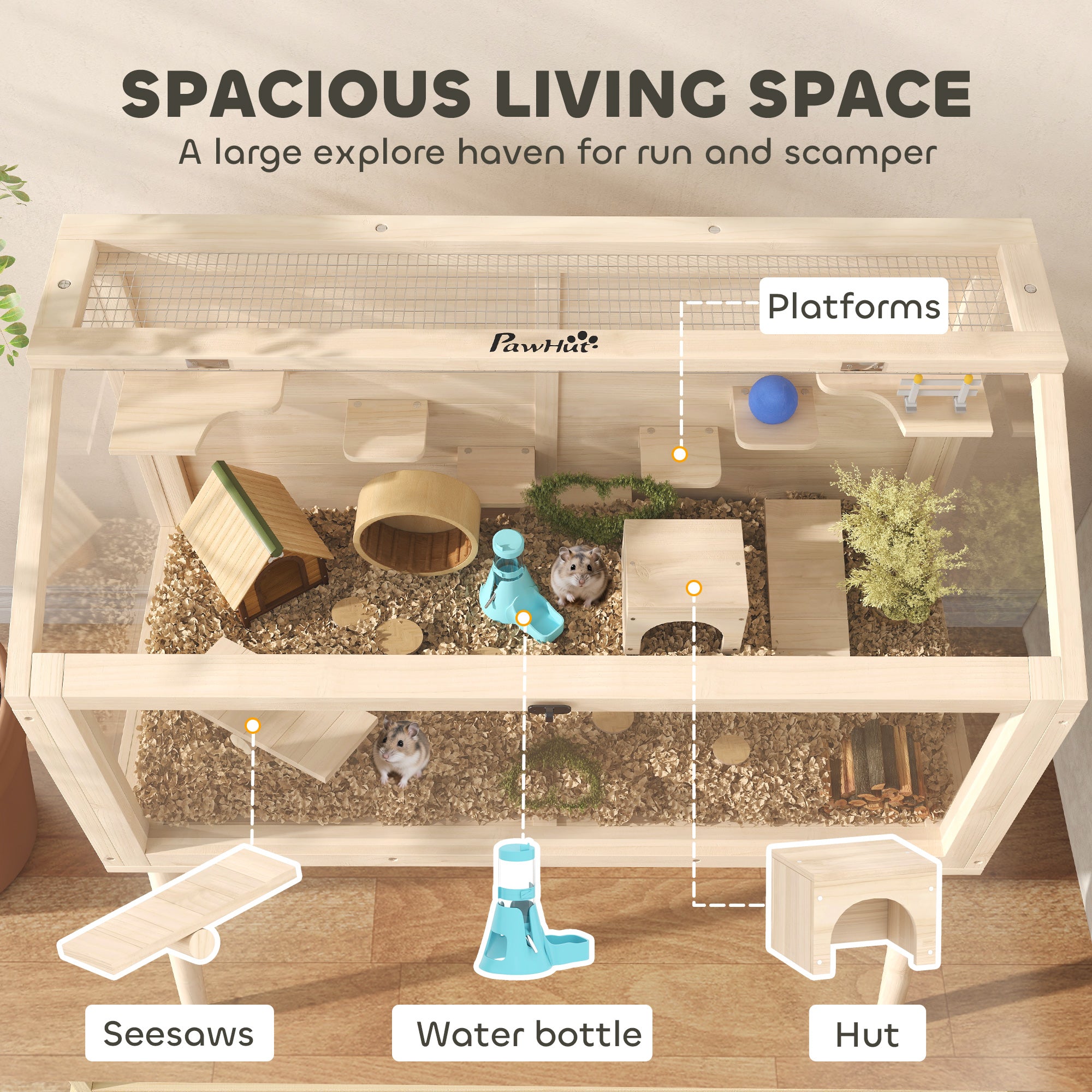 PawHut Wooden Hamster Cage, Hamster Habitat with Openable Top, Seesaws, Platforms, Water Bottle for Gerbils, 110 x 52 x 101 cm