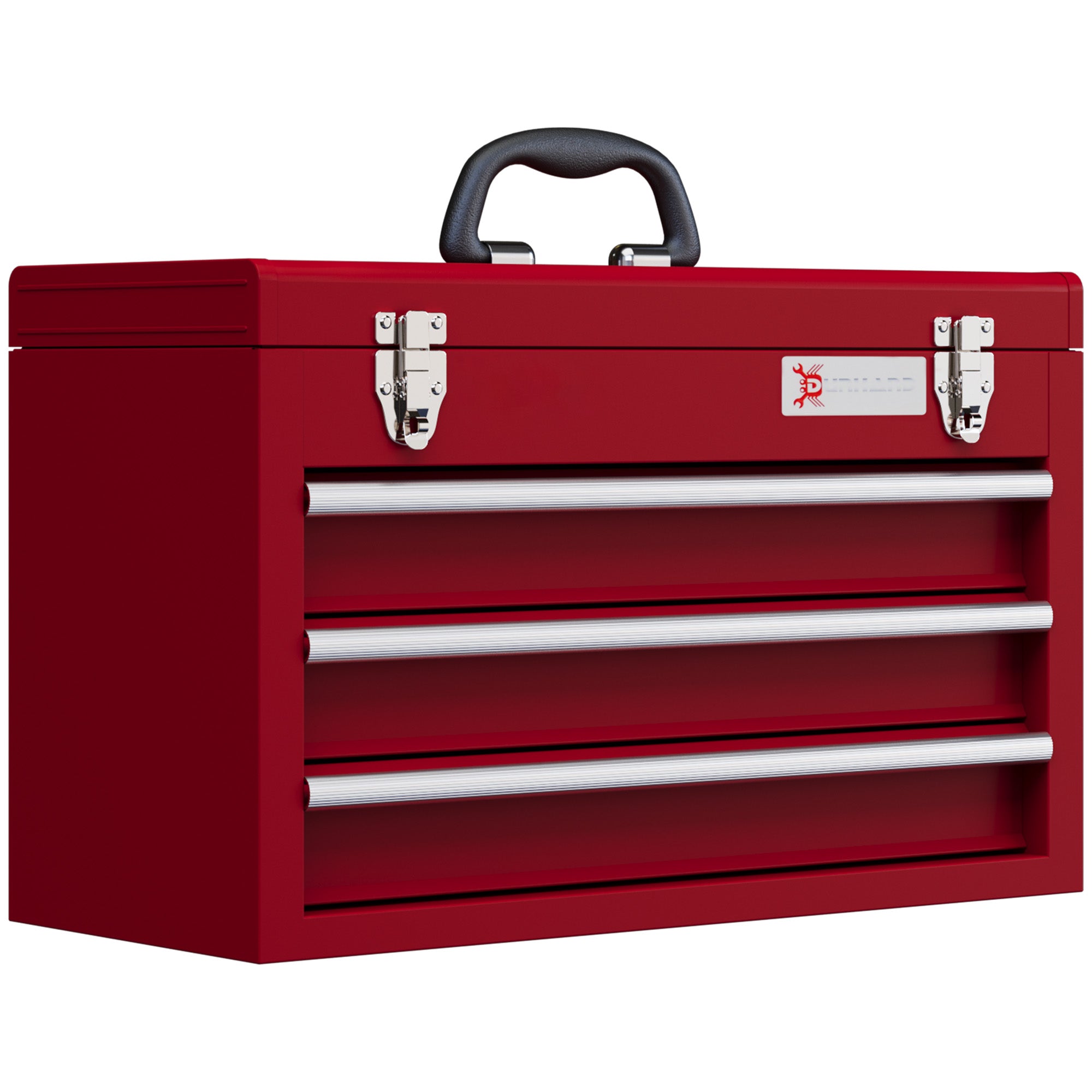 DURHAND Lockable Metal Tool Box, 3 Drawer Tool Chest with Latches, Handle, Ball Bearing Runners, Red - North Peak Garden Furniture