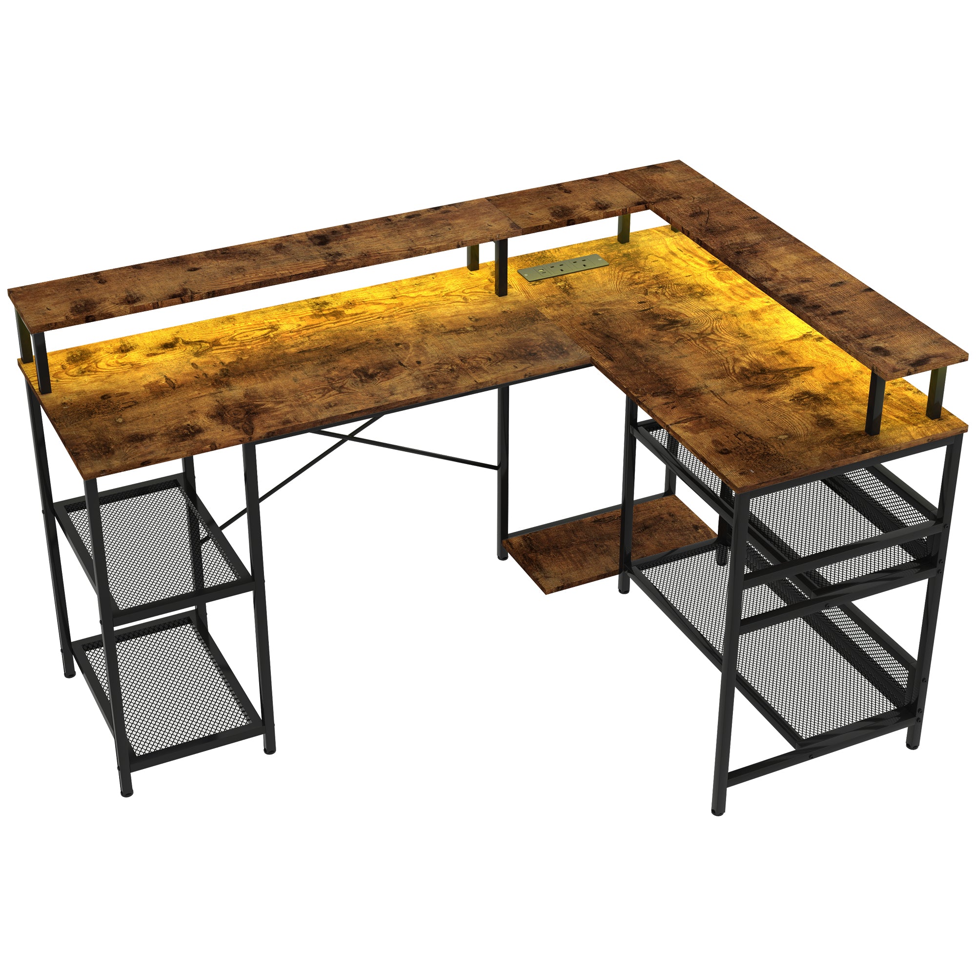HOMCOM L Shaped Gaming Desk with LED Lights and Power Outlets, 150cm Corner Computer Desk with Monitor Stand and Storage Shelves, Home Office Desk for Small Space, Rustic Brown - North Peak Garden Furniture