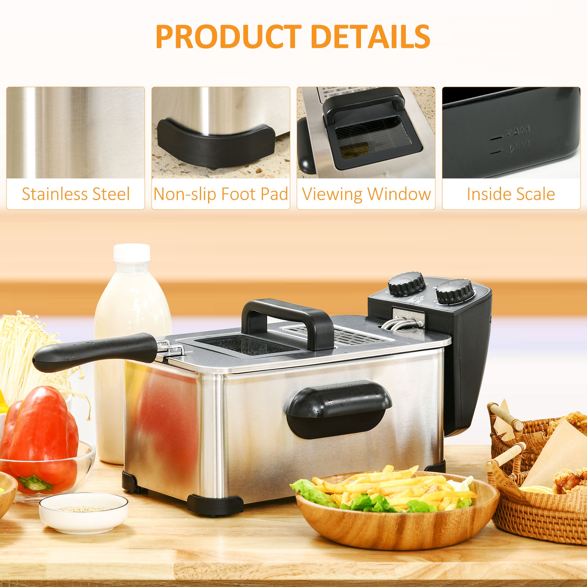 HOMCOM 3 Litre Stainless Steel Deep Fat Fryer with Adjustable Temp, 60min Timer, Viewing Window and Safety Cut Out, 2000W - North Peak Garden Furniture