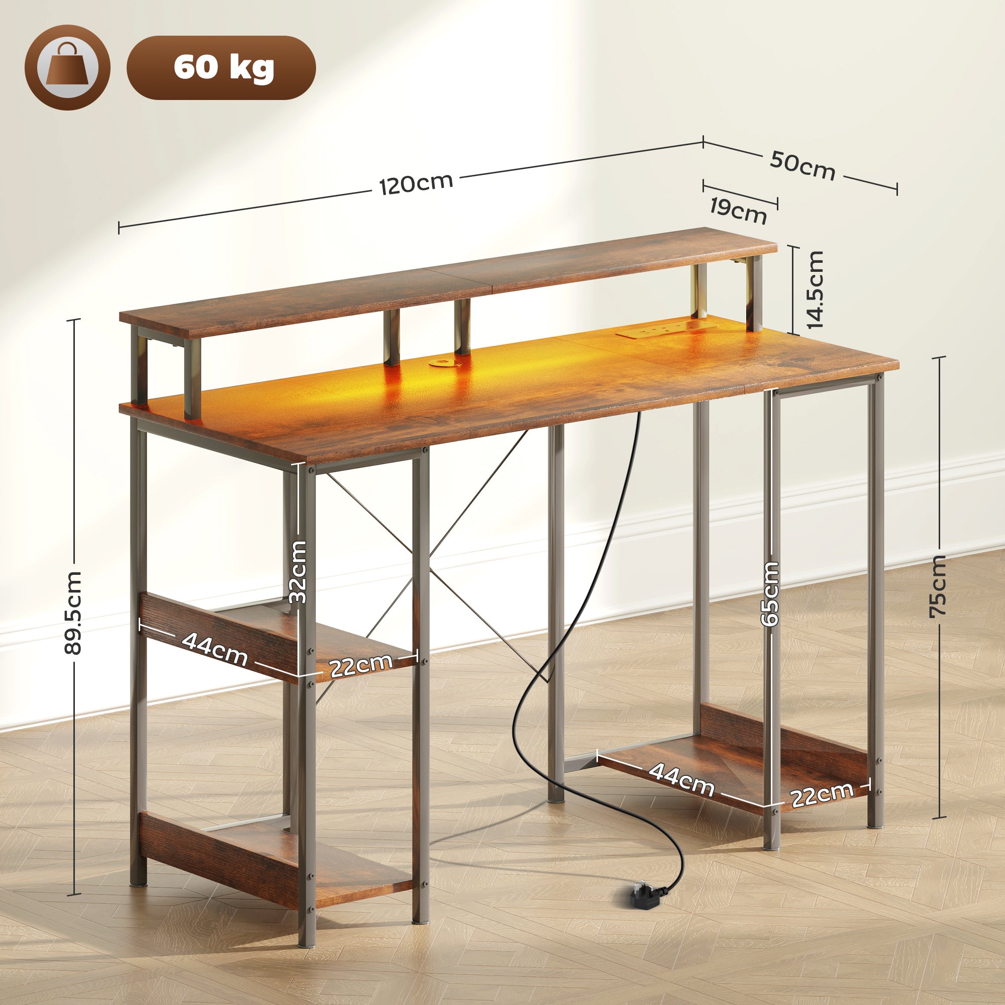 HOMCOM Computer Desk with Power Outlets and LED Lights, 120 x 50cm Reversible Home Office Desk with Monitor Stand and 2-Tier Storage Shelves, Gaming Desk with Cable Management, Rustic Brown - North Peak Garden Furniture
