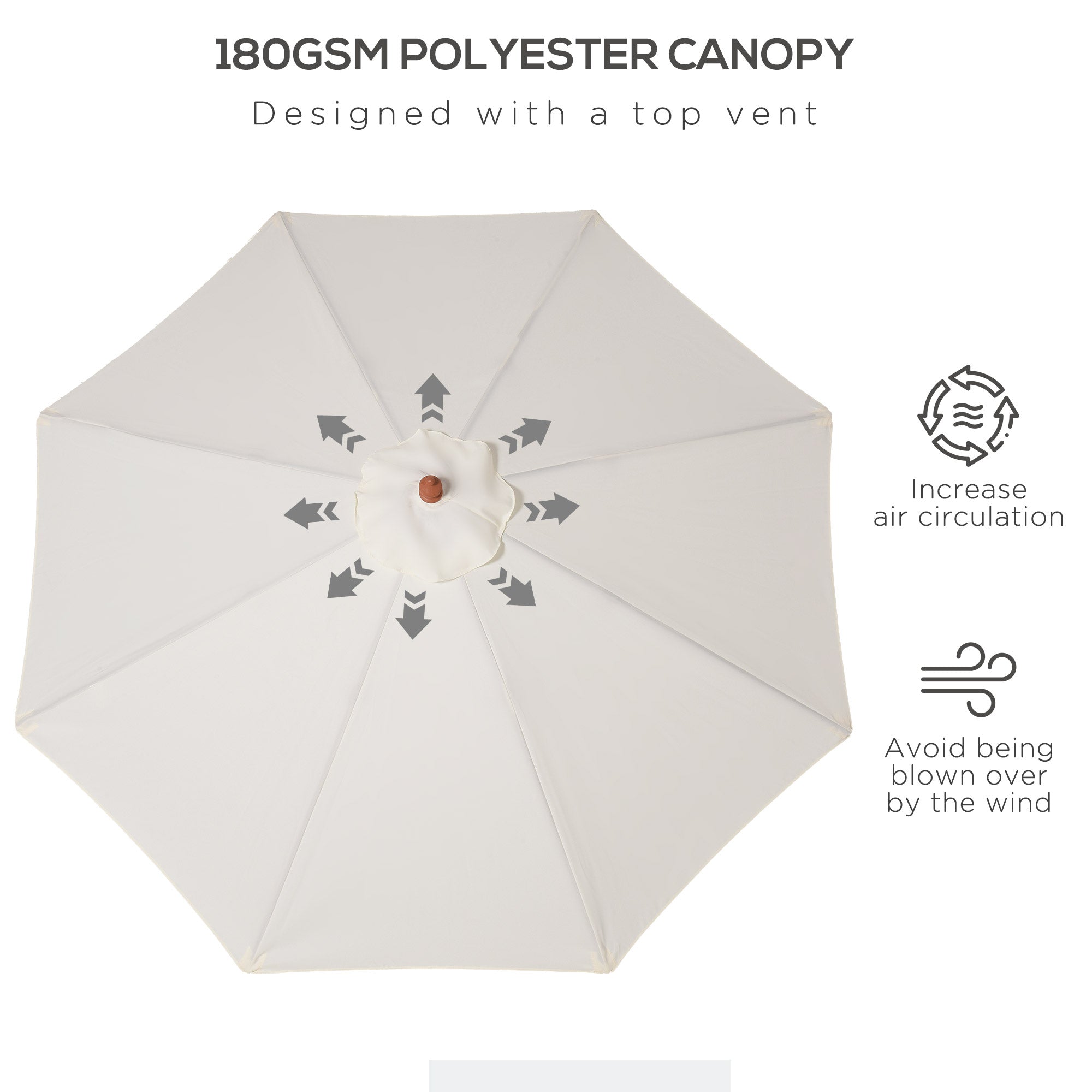 Outsunny 2.5m Garden Parasol Umbrella, Outdoor Market Table Umbrella with Wooden Pole & 8 Fibre Glass Ribs, Round Sun Shade Canopy, Off-White - North Peak Garden Furniture
