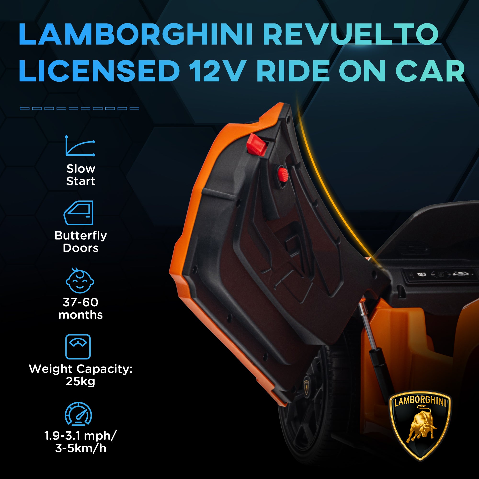 AIYAPLAY Lamborghini Revuelto Licensed 12V Ride on Car w/ Butterfly Doors, Transport Wheels, Suspension, Remote Control, Orange