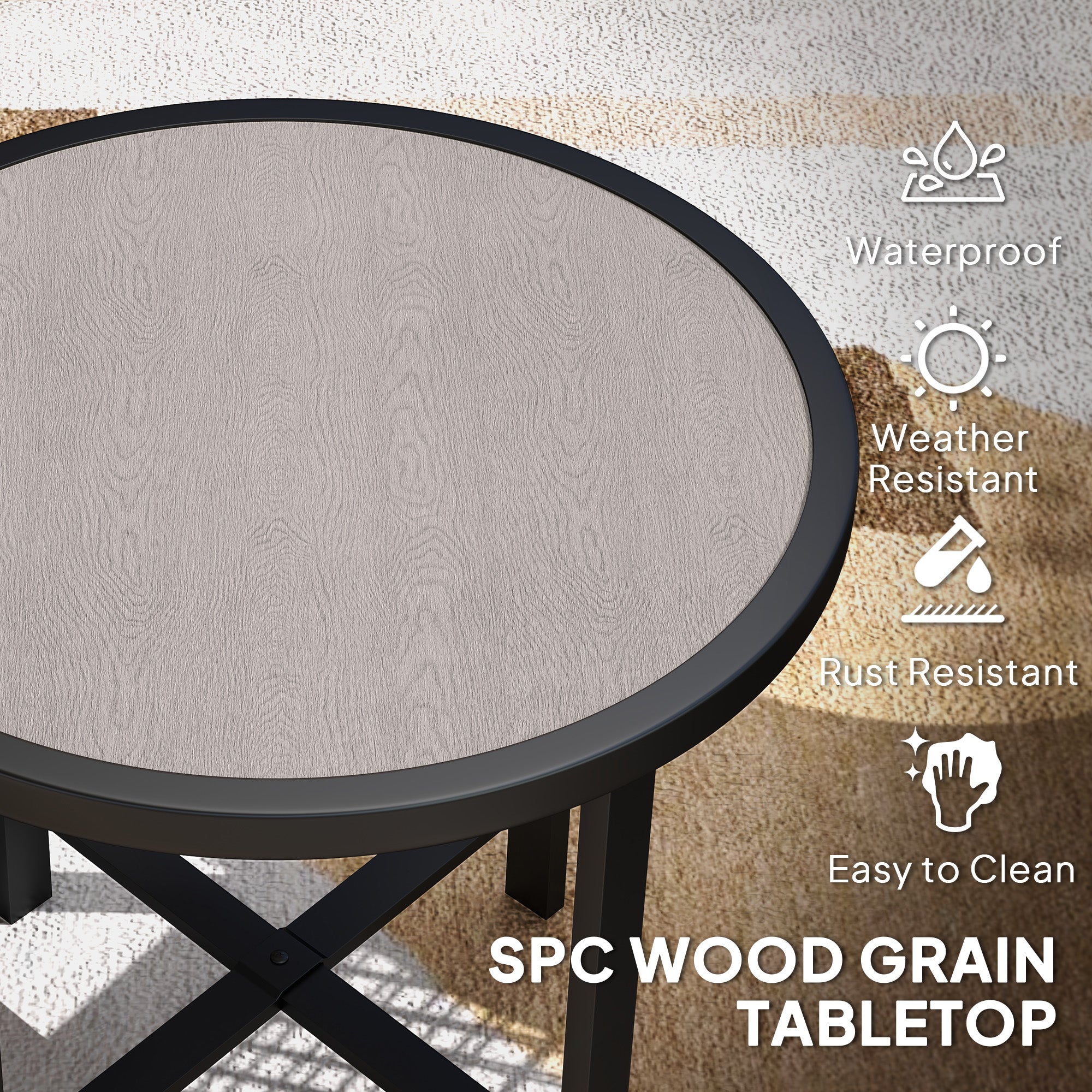 Outsunny Round Small Garden Table, 50.5cm Outdoor Side Table with SPC Tabletop, Metal Frame and Anti-slip Foot Pads for Garden, Balcony, Grey Wood Effect - North Peak Garden Furniture