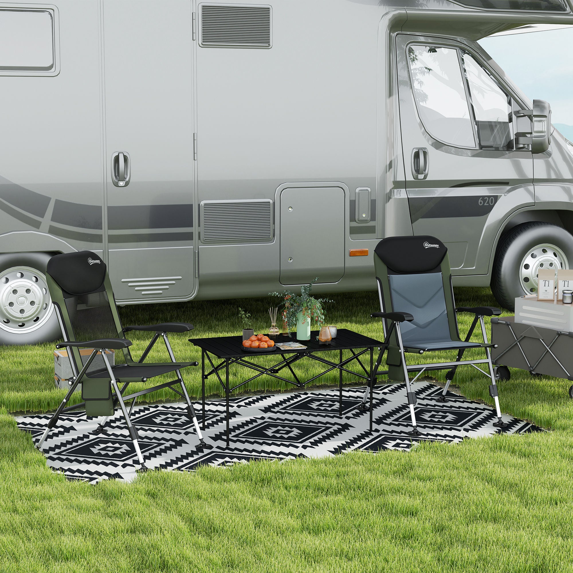 Outsunny Plastic Straw Reversible RV Outdoor Rug with LED String Light, 182 x 274cm, Black and White - North Peak Garden Furniture