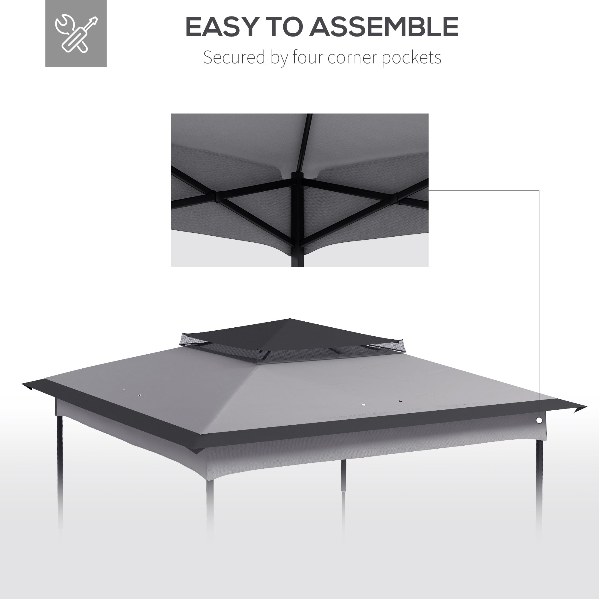 Outsunny Pop up Gazebo Cover, 2-Tier Gazebo Roof Replacement for 3.25m x 3.25m Frame, 30+ UV Protection, Grey - North Peak Garden Furniture