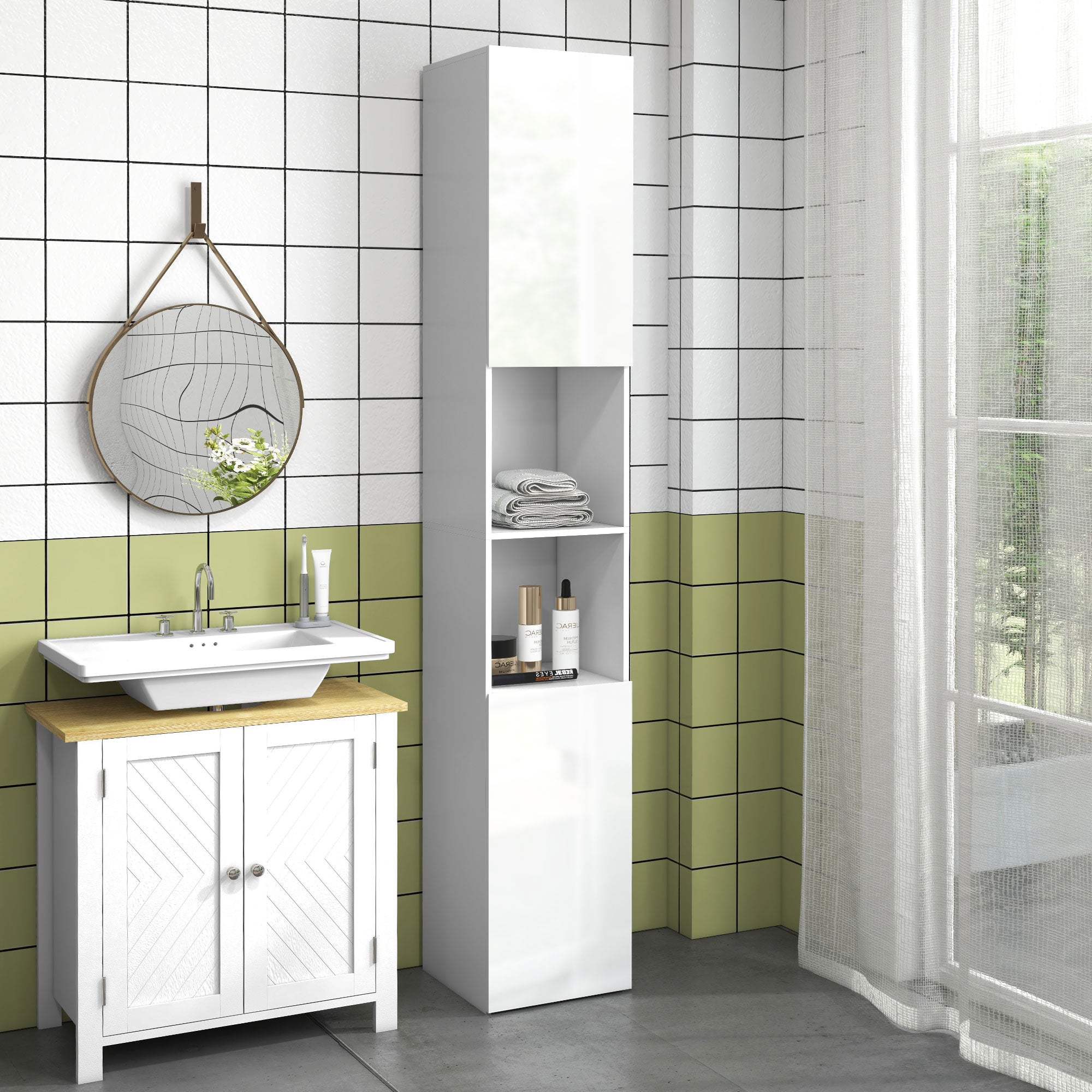 kleankin Multi-Storage Slim Bathroom Cabinet - High Gloss White - North Peak Garden Furniture