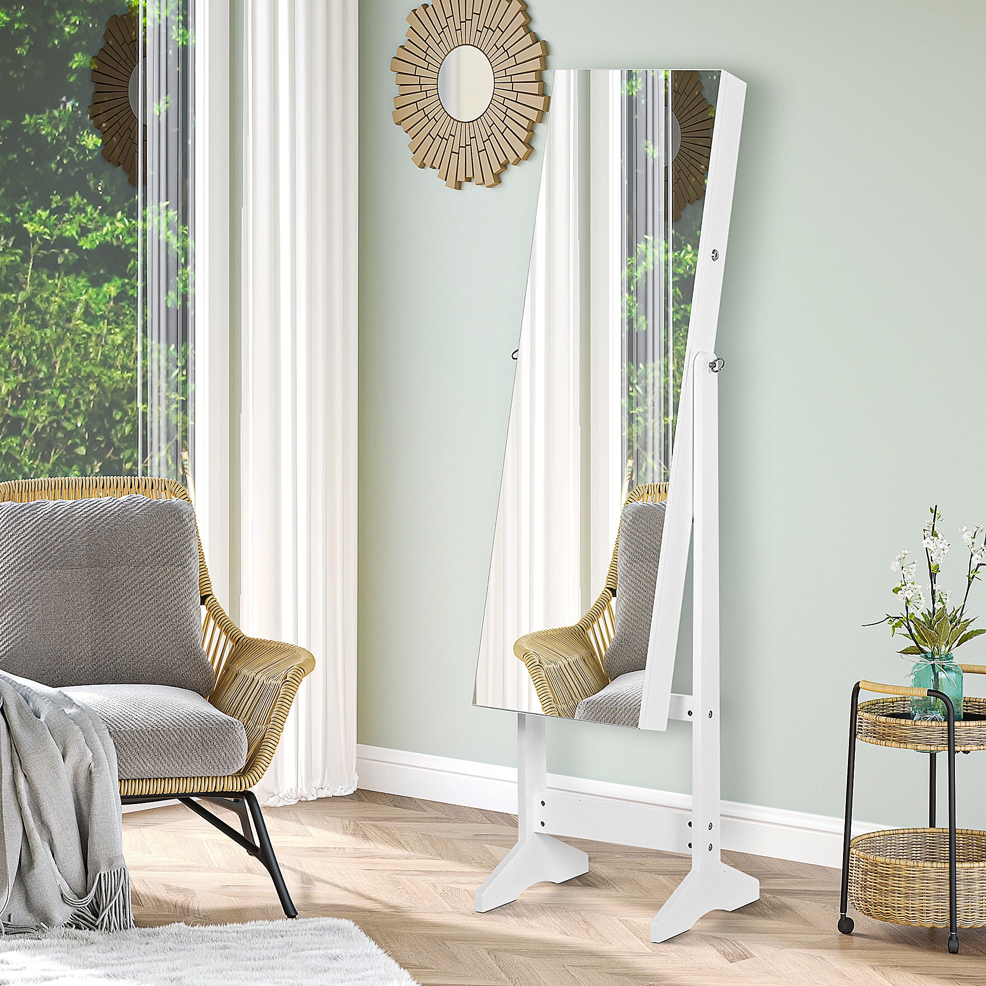 HOMCOM Jewelry Cabinet Standing Mirror Full Length Makeup Lockable Armoire Storage Organizer White - North Peak Garden Furniture