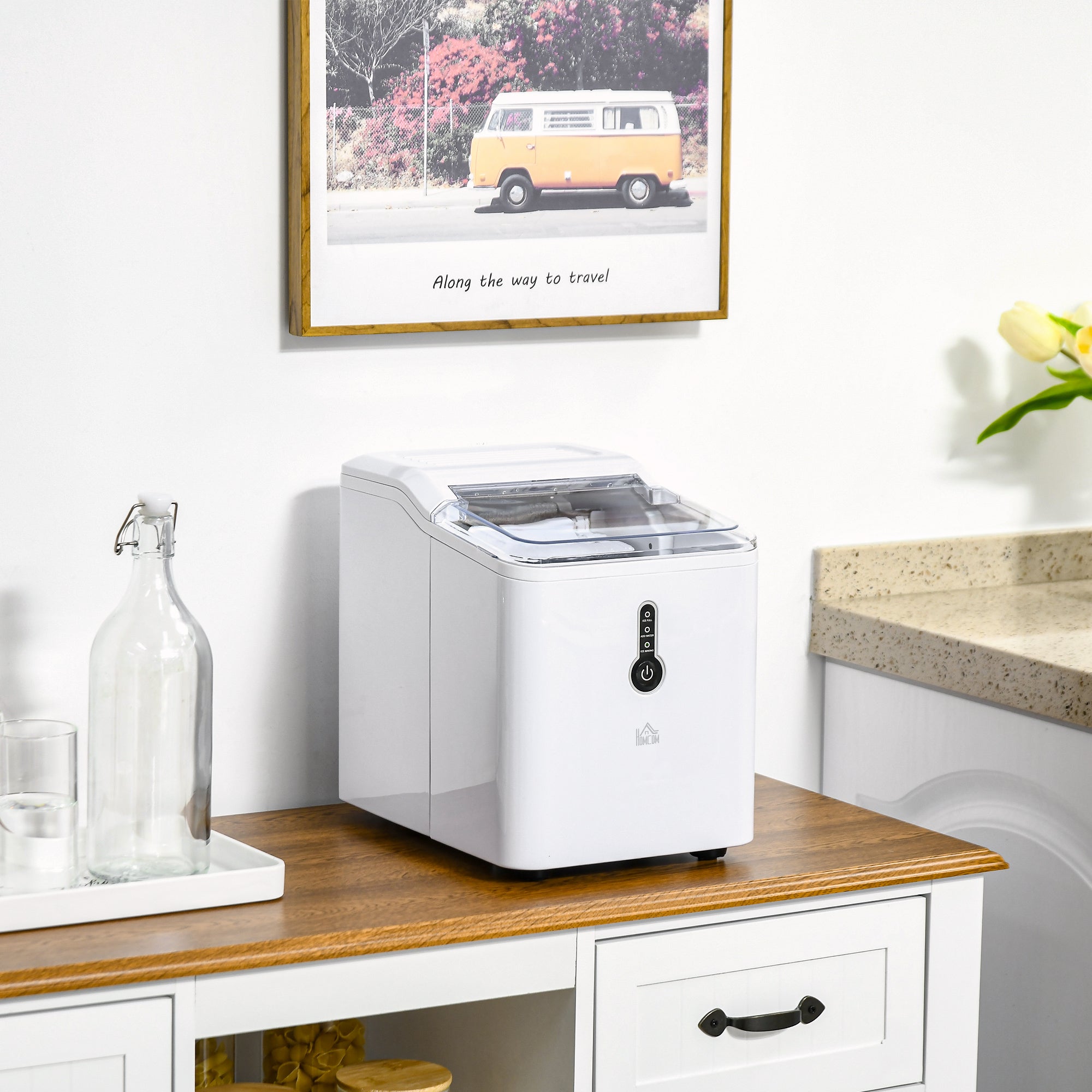 HOMCOM Ice Maker Machine, 1.5L Countertop Ice Cube Maker with Self-Cleaning, 9 Cubes Ready in 8 Mins, 12kg in 24 Hrs, No Plumbing with Basket, White - North Peak Garden Furniture