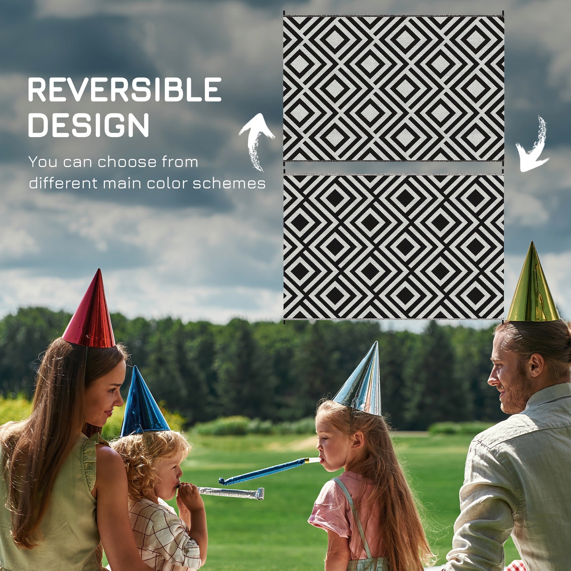 Outsunny Reversible Outdoor Rug, Plastic Straw Mat w/ Carry Bag Ground Stakes for Garden RV Picnic Beach Camping 182x274cm Black - North Peak Garden Furniture