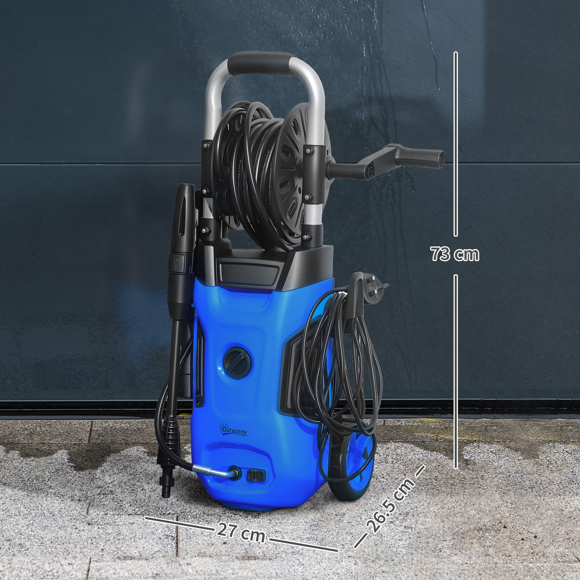 Outsunny 1800W High Pressure Washer, 150 Bar Pressure, 420 L/h Flow, Portable Power Washer Jet Wash Cleaner with Adjustable Nozzle, 6M Hose, Hose Reel, Steel Handle for Home Patio Car Driveway, Blue - North Peak Garden Furniture