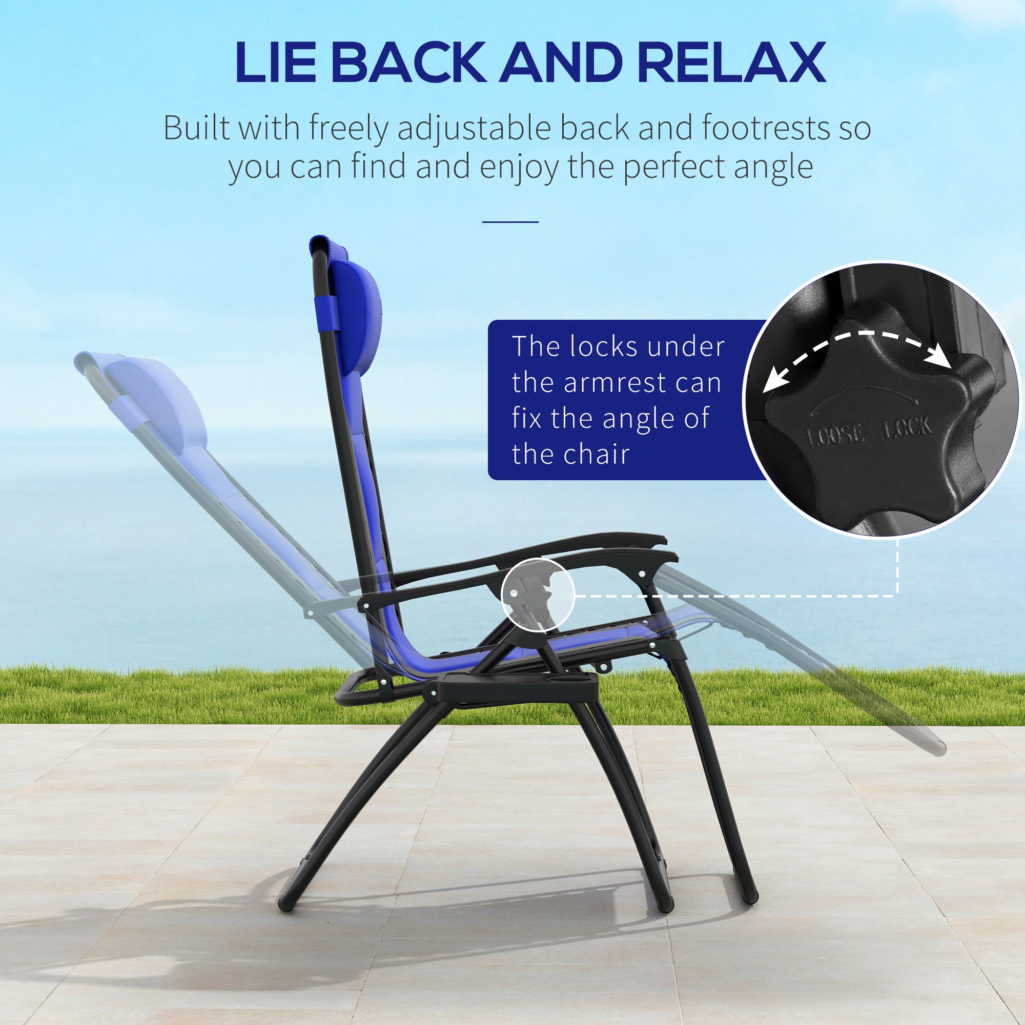 Outsunny Zero Gravity Lounger Chair, Folding Reclining Patio Chair with Padded Seat, Cup Holder, Soft Cushion and Headrest for Poolside, Camping, Blue - North Peak Garden Furniture
