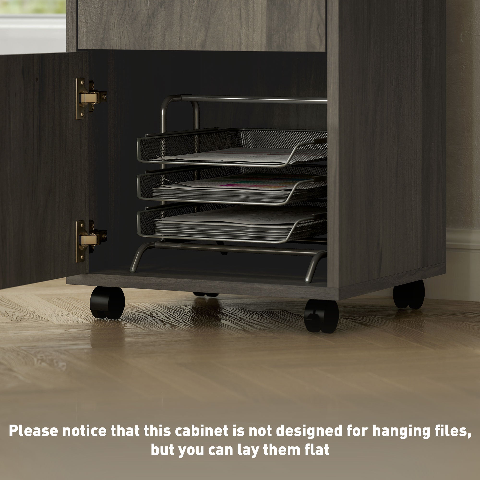 HOMCOM 60cm Filing Cabinet with Drawer, Open Shelf, Metal Handles and 4 Wheels, Office Home Organiser Mobile Printer, Grey - North Peak Garden Furniture