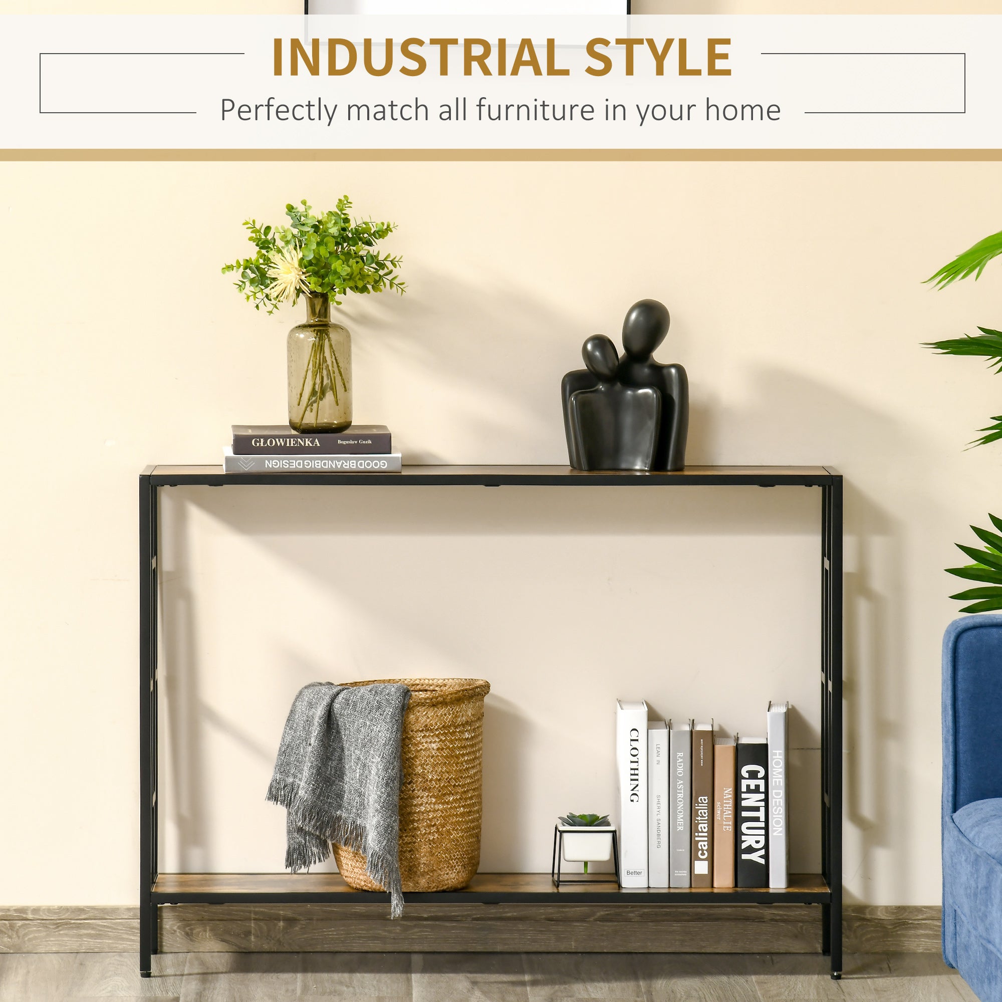 HOMCOM Industrial Console Table with Storage Shelf, Narrow Hallway Dressing Desk with Metal Frame for Living Room, Bedroom, Rustic Brown - North Peak Garden Furniture