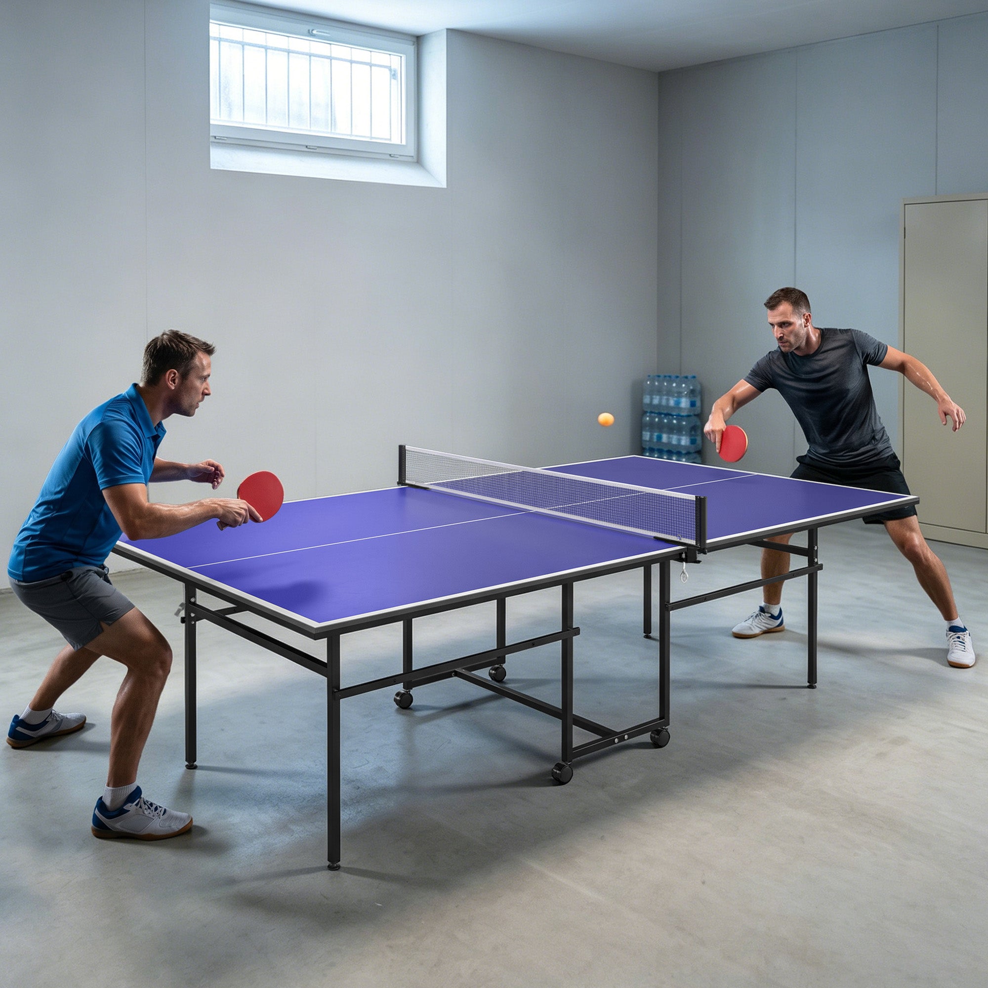 SPORTNOW 9FT Folding Table Tennis Table with 4 Wheels, for Indoor Use, Blue