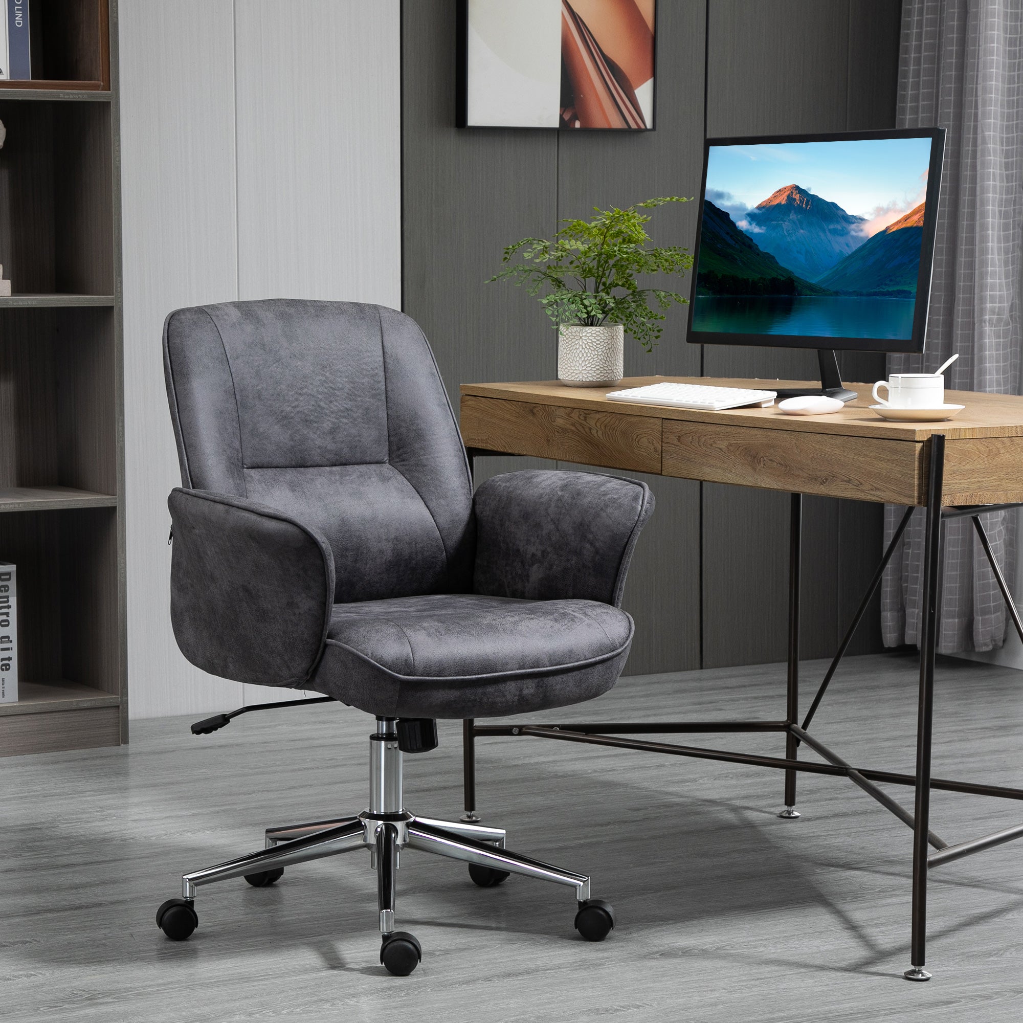 Vinsetto Swivel Computer Office Chair Mid Back Desk Chair for Home Study Bedroom, Charcoal Grey - North Peak Garden Furniture