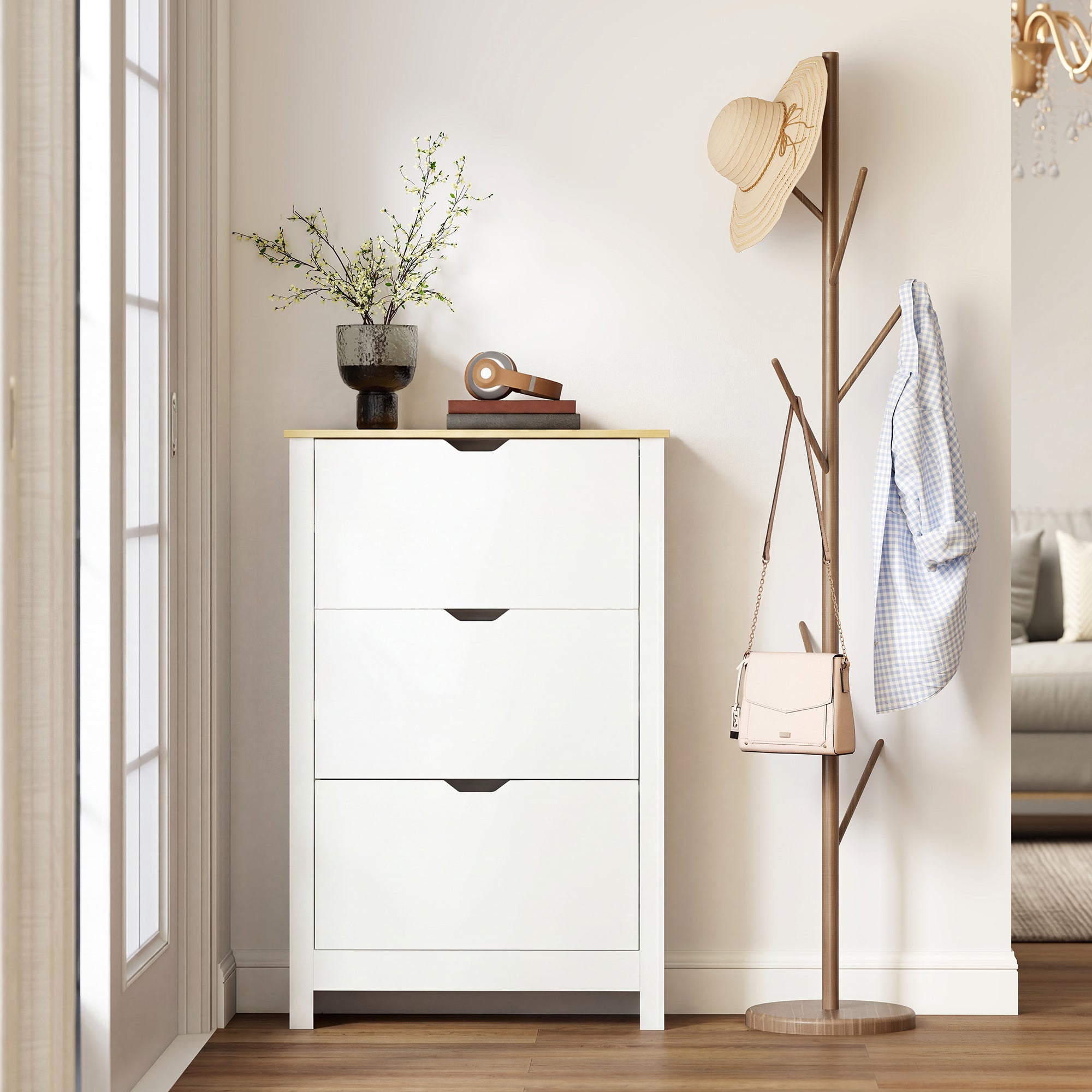 HOMCOM Slim Shoe Cabinet, Narrow Shoe Cupboard with 3 Flip Drawers, Adjustable Shelves for 18 Pairs of Shoes for Hallway, White