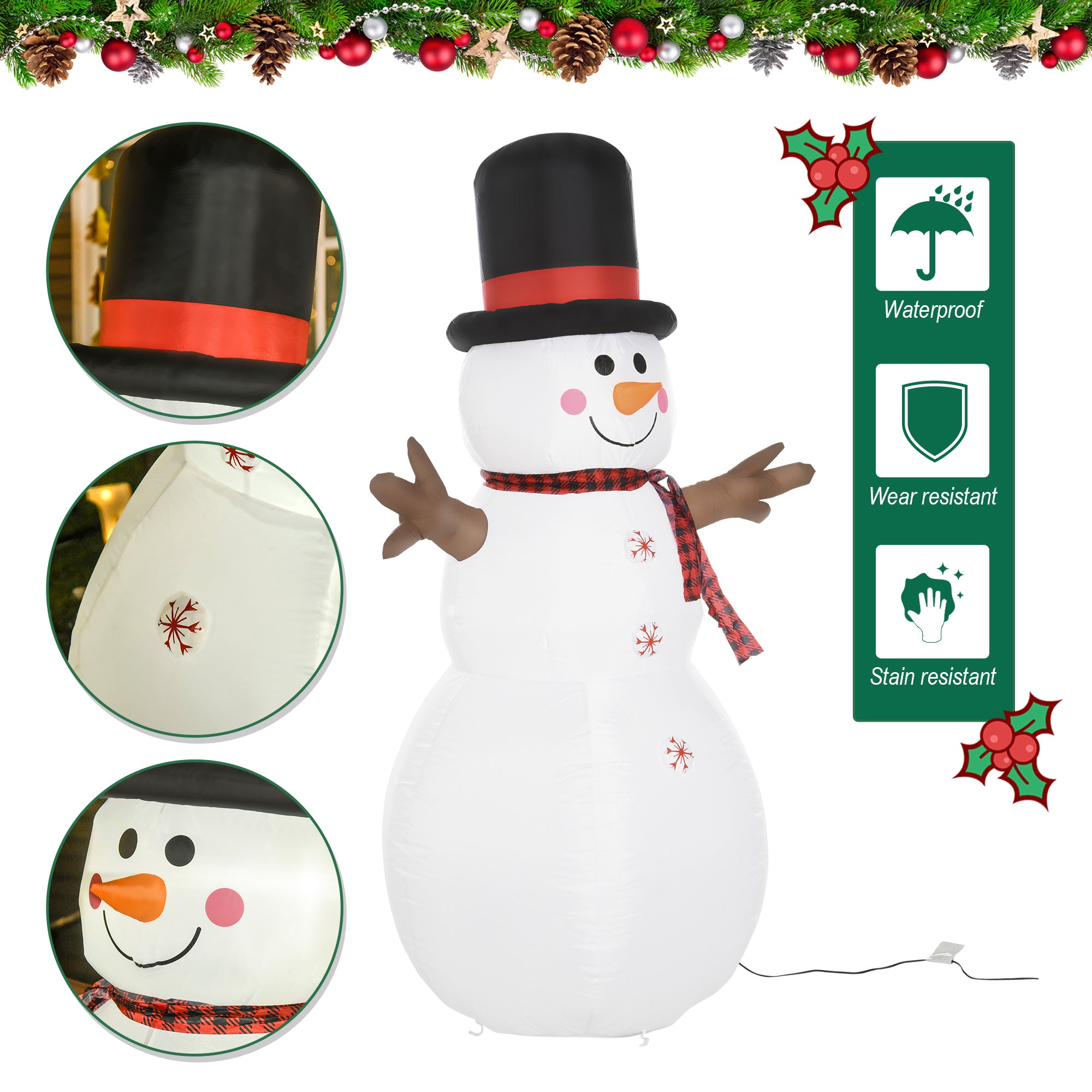 HOMCOM 6ft Giant Inflatable Snowman Christmas Decoration w/ LED Lights Accessories Cute Family Fun Seasonal Outdoor Indoor - North Peak Garden Furniture
