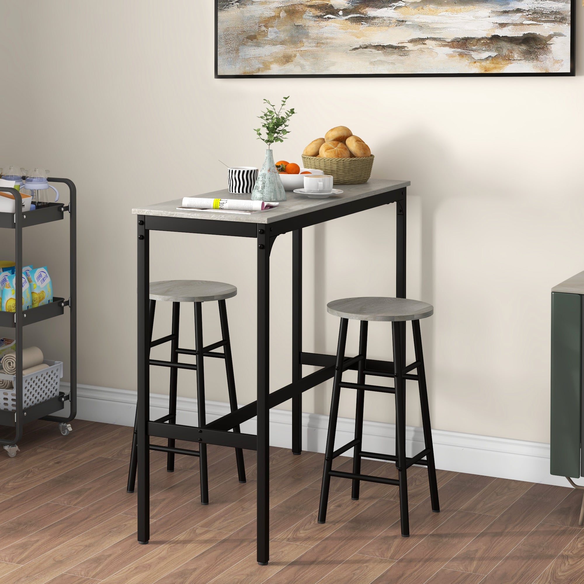 HOMCOM 3 Piece Bar Table Set with 2 Stools, Industrial Bar Table and Stool Set, Dining Table and Chair Set, Grey - North Peak Garden Furniture