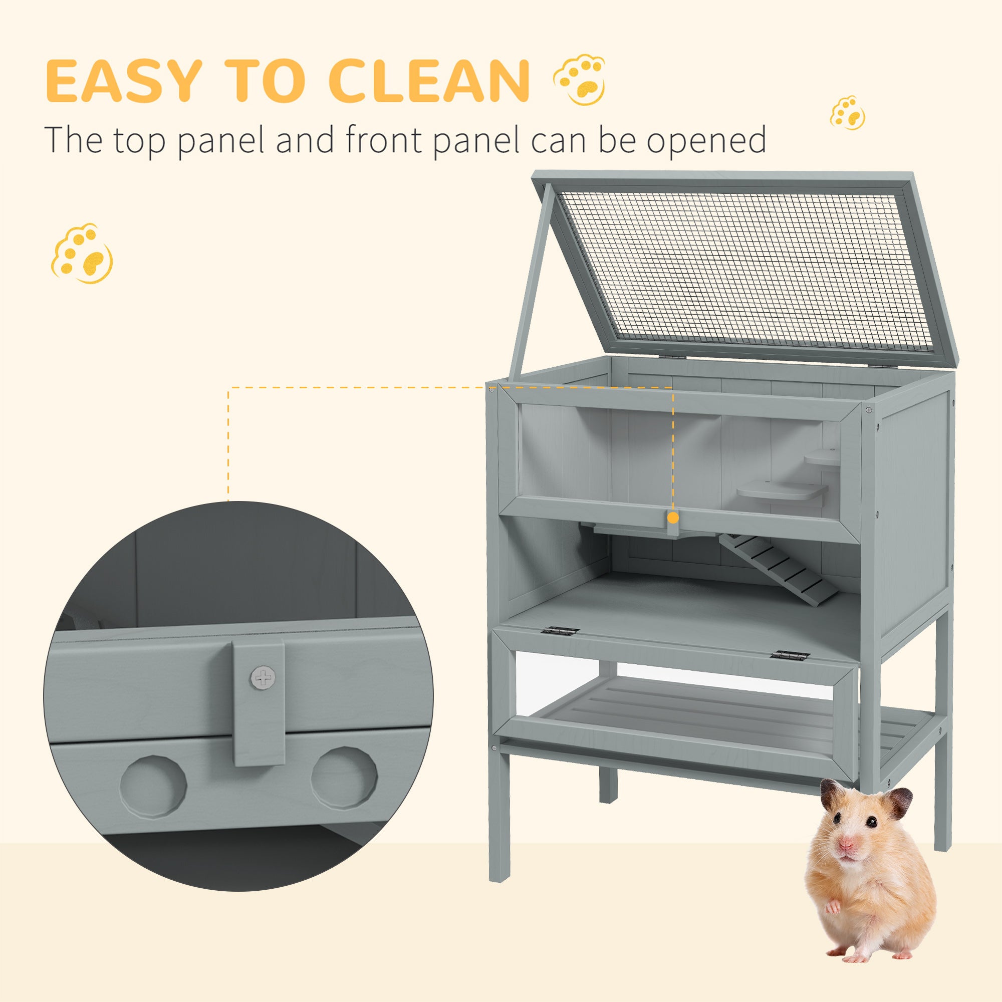 PawHut Wooden Hamster Cage 3 Tier House w/ Storage Shelf, Openable Top for Gerbils, Grey - North Peak Garden Furniture