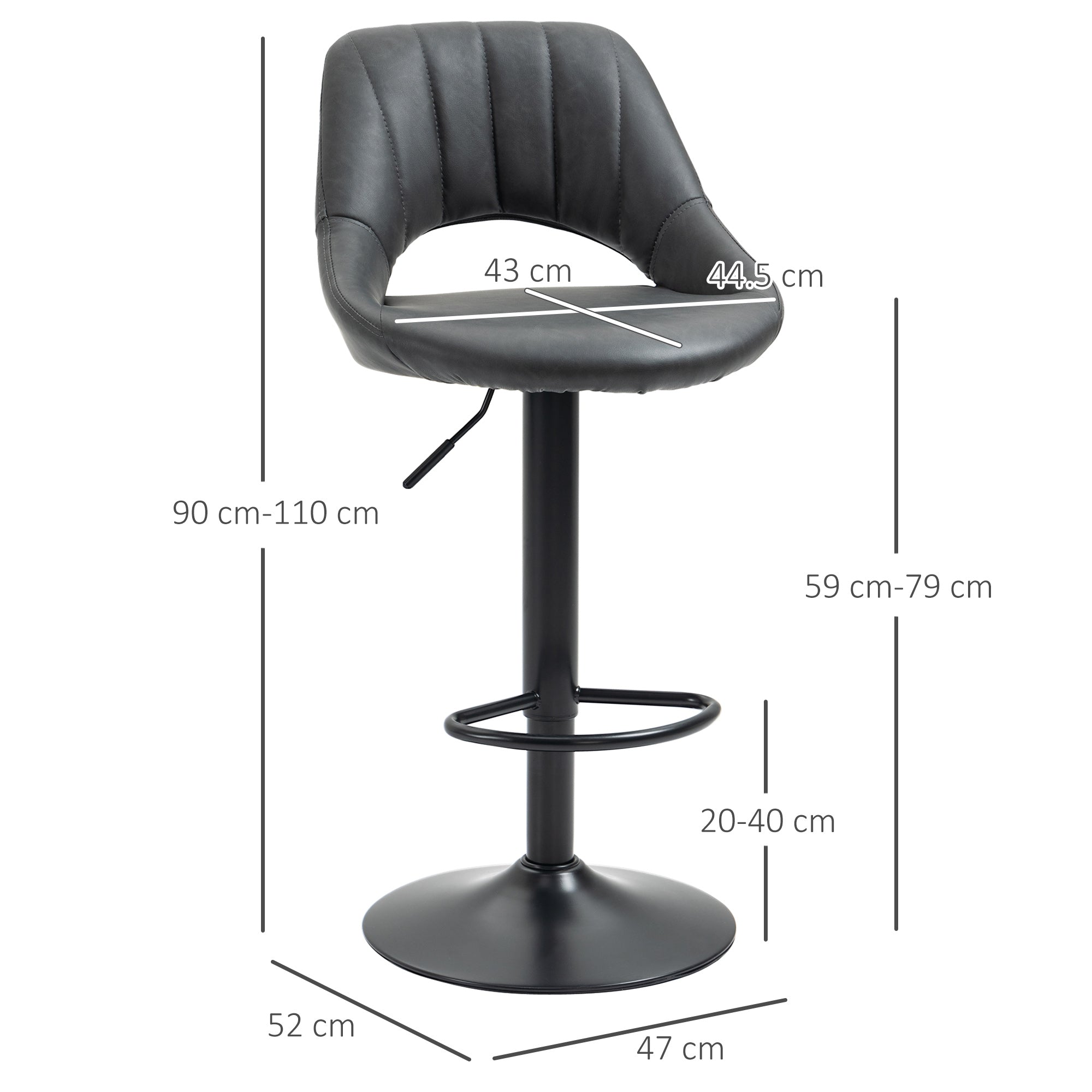 HOMCOM Barstools Set of 2 Adjustable Swivel Height Gas Lift PU Leather Counter Chairs with Footrest - North Peak Garden Furniture