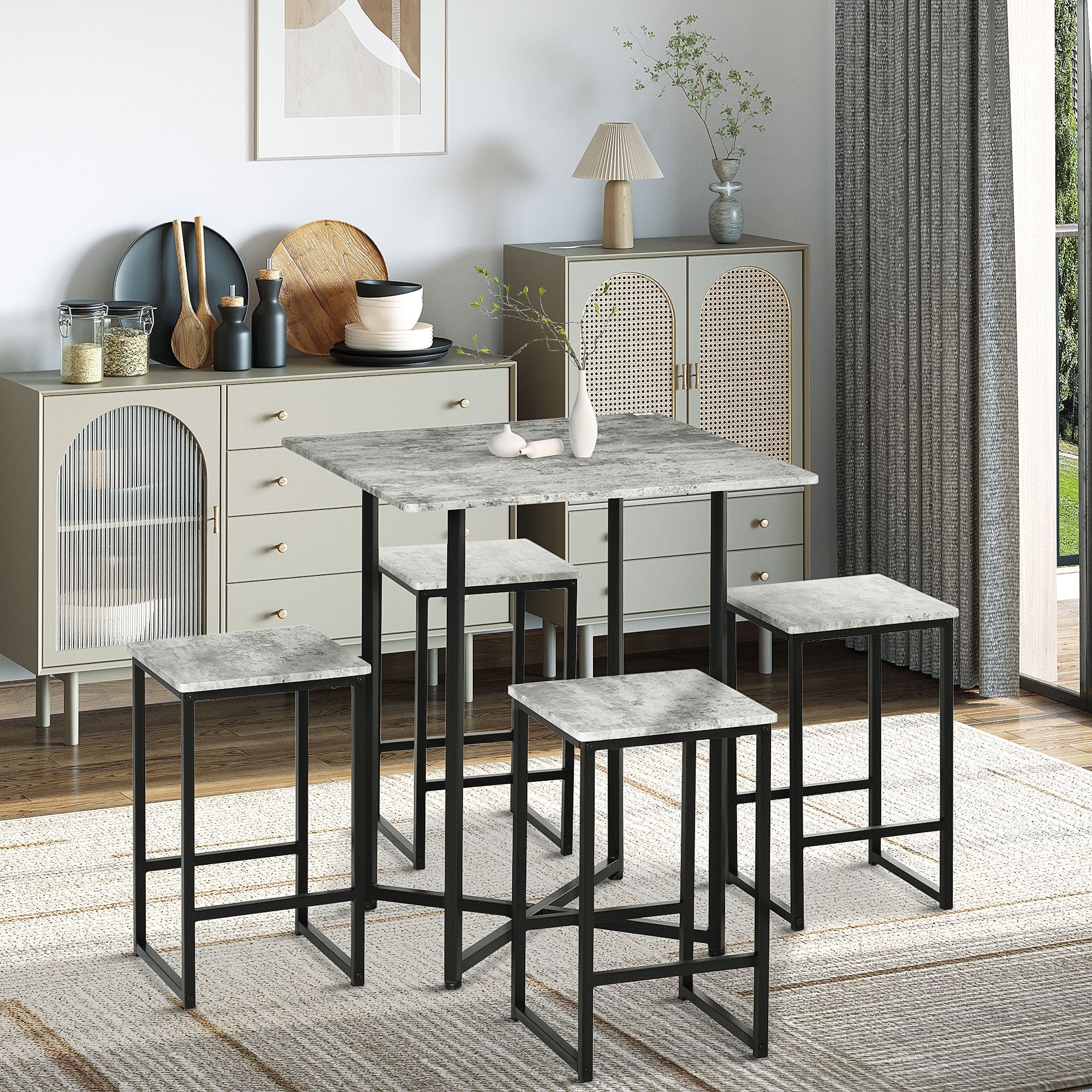 HOMCOM 5pc Bar Table Set, Square Dining Table Set for 4 People, Home Kitchen Breakfast Bar Set with Steel Frame and Footrest, Concrete Grey - North Peak Garden Furniture