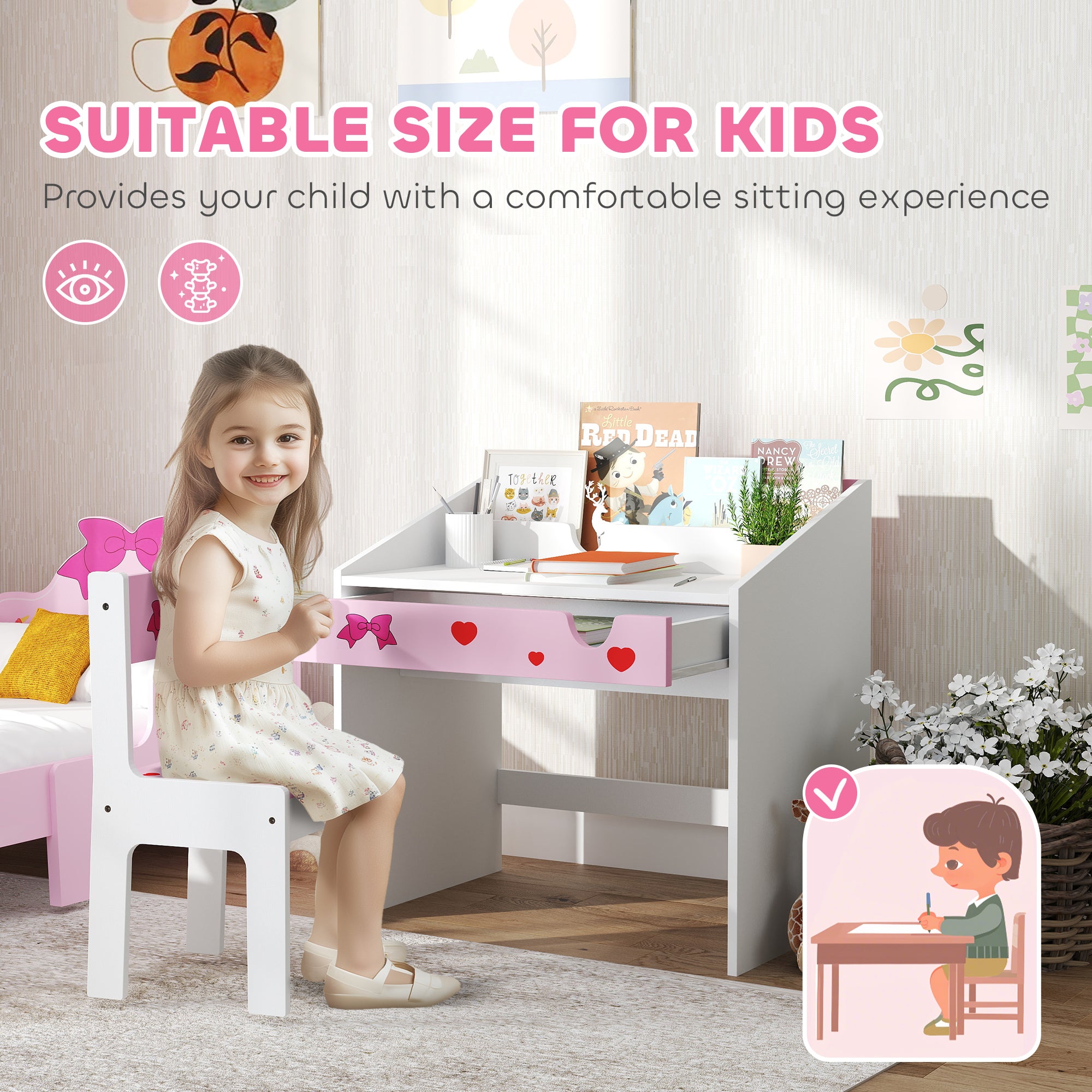 AIYAPLAY Children Study Table and Chair, Kids Desk and Chair Set with Storage, Pull-out Drawer, Gift for 3-6 Years Old - Pink - North Peak Garden Furniture