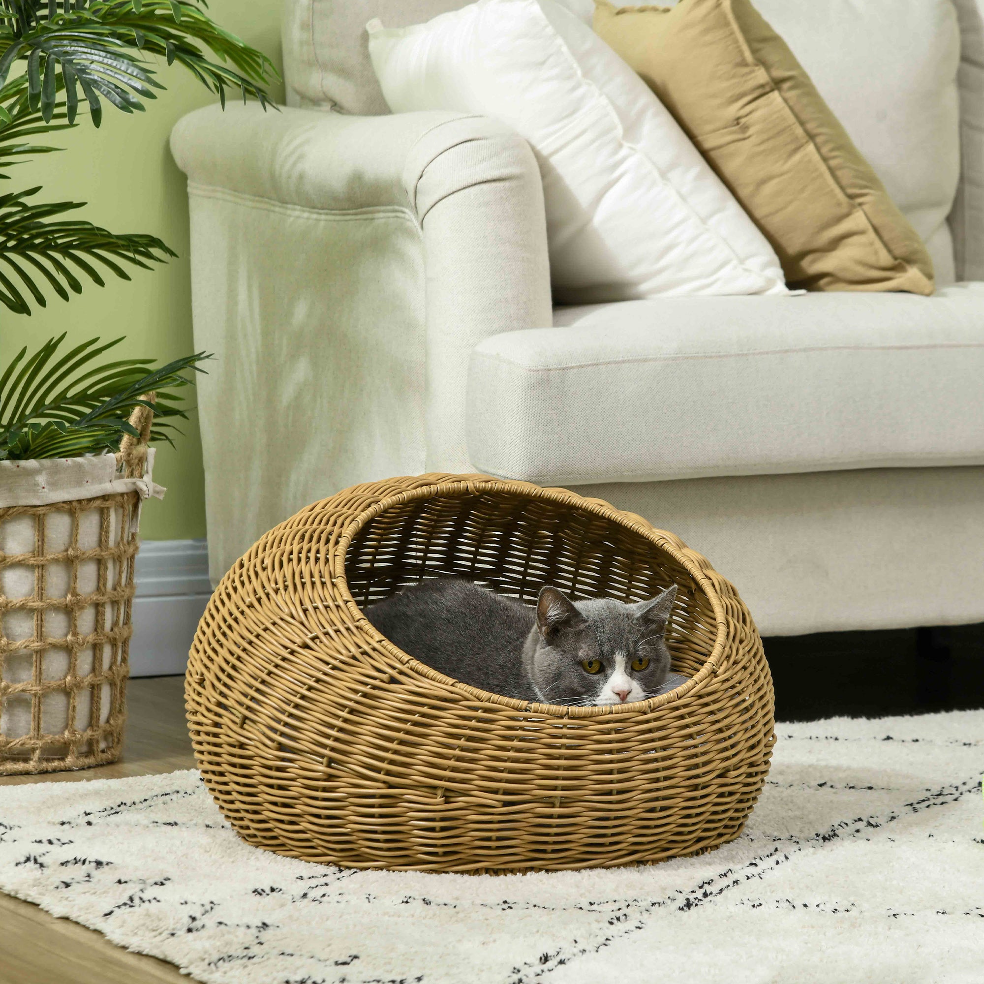 PawHut Wicker Cat House with Washable Cushion for Indoor Cats, Light Brown - North Peak Garden Furniture