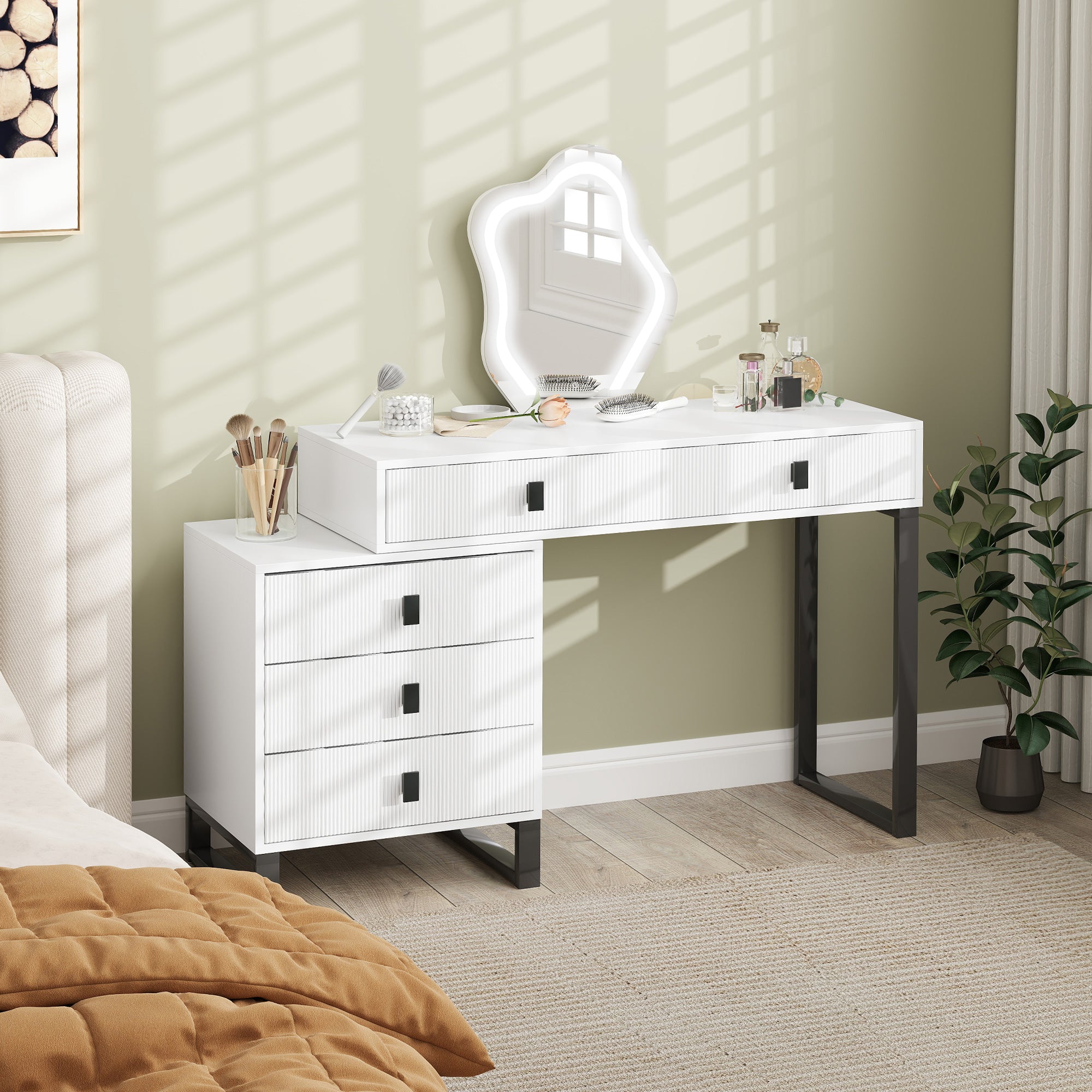 HOMCOM LED Lighted Dressing Table with Leaf Shape Mirror, Modern Vanity Desk with 5 Drawers, Makeup Desk with Fluted Panels, White - North Peak Garden Furniture
