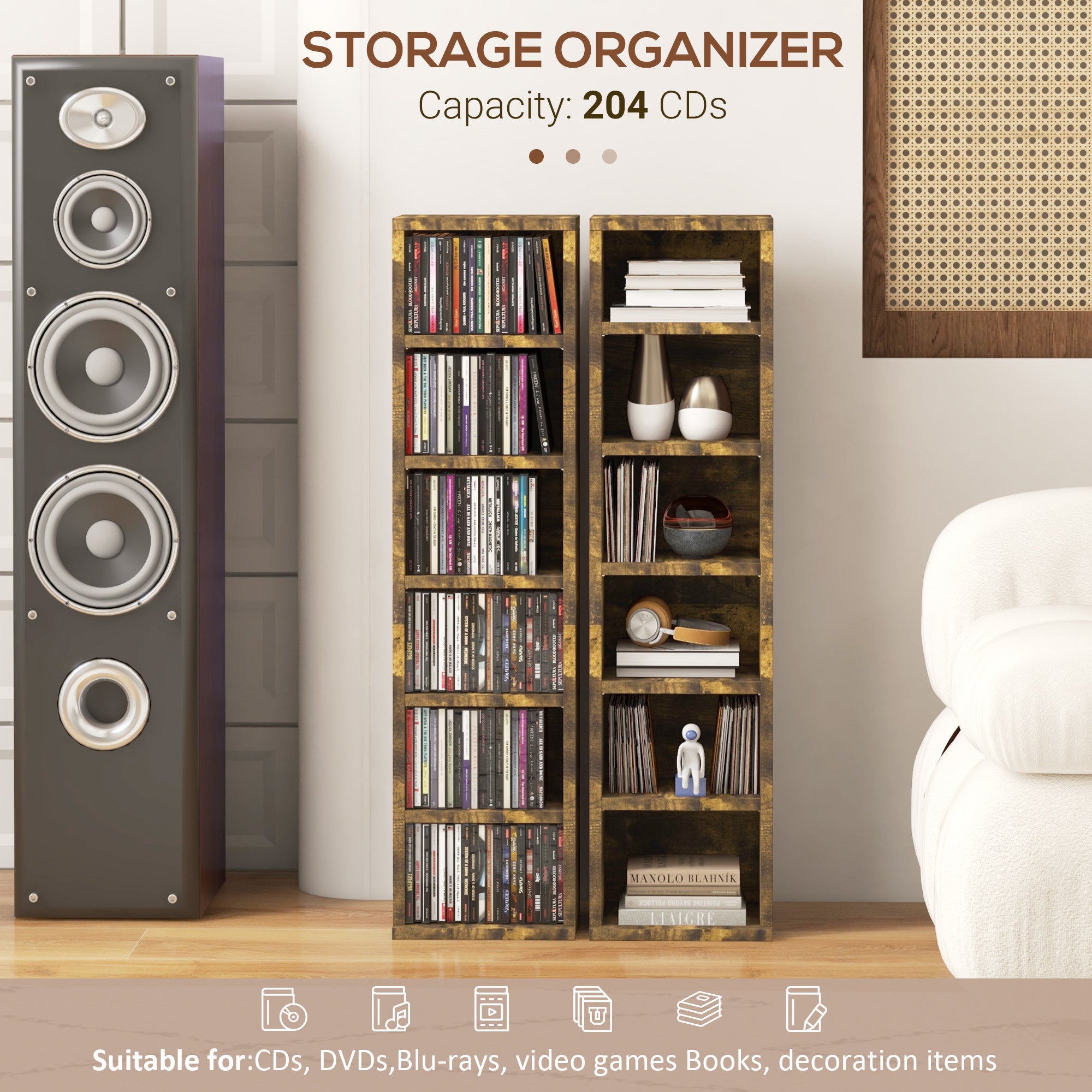 HOMCOM Set of Two 102 CD Storage Units - Mid Brown Wood-Effect - North Peak Garden Furniture